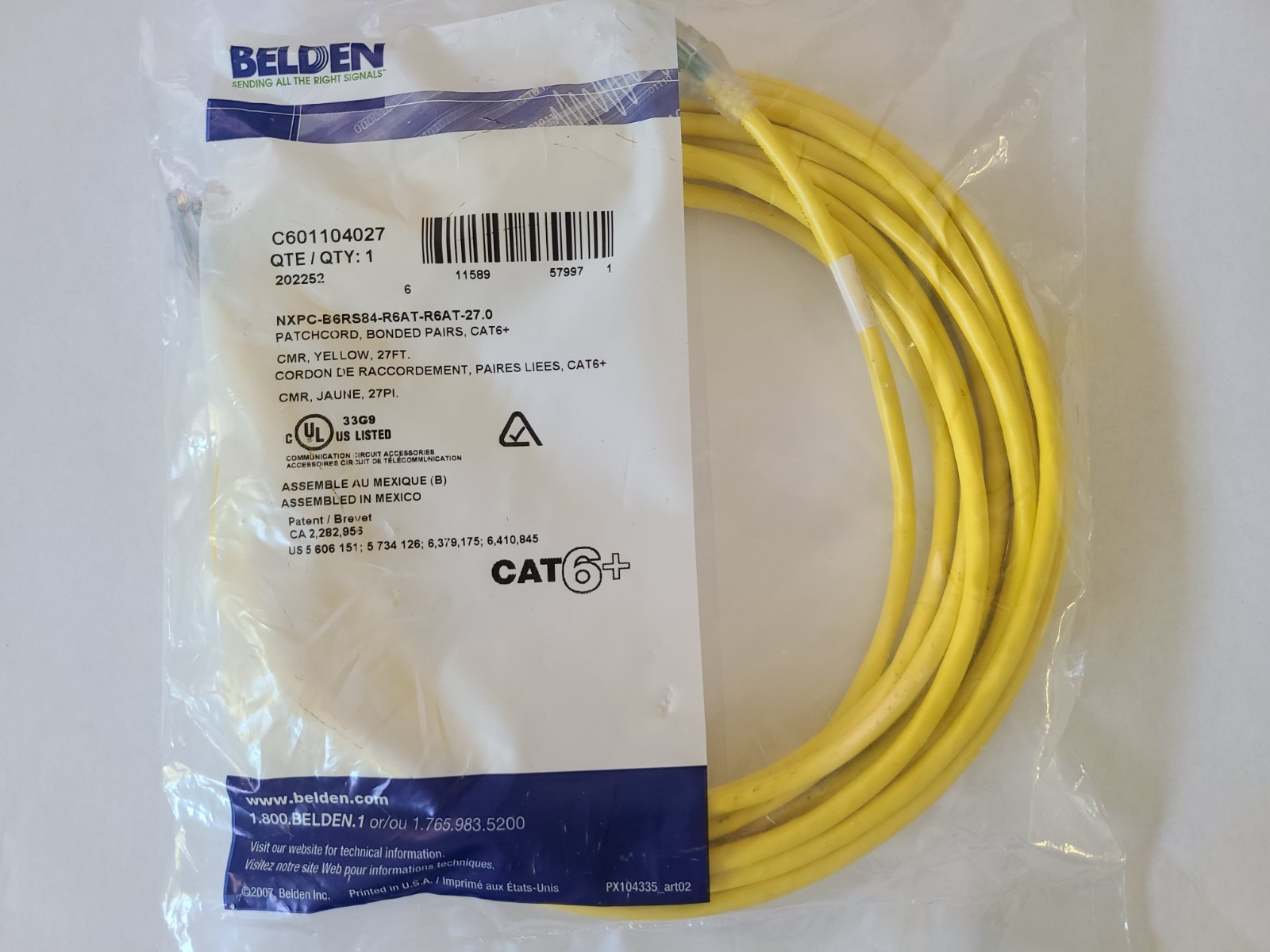 Belden Cat6 Ethernet Patch Cable - 27ft - Yellow