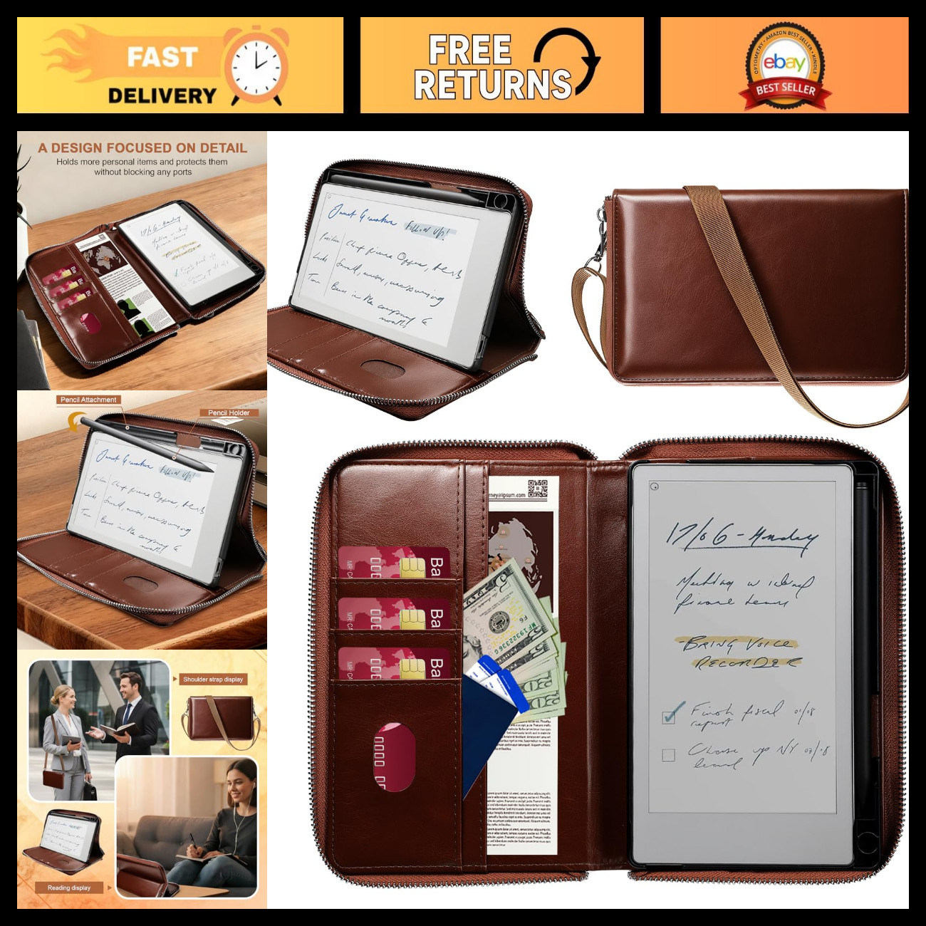 Premium Leather Folio Case for Remarkable Paper Pro 7.3" - Zipper, Pen Holder, M