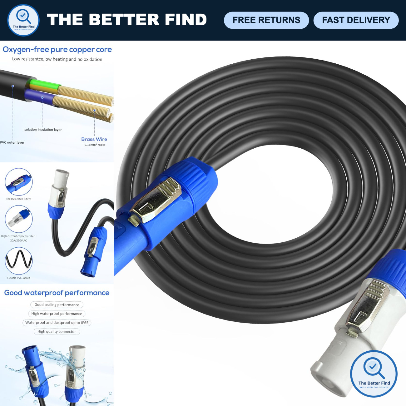 12AWG 3 Pin Power Extension Cable - 10FT Heavy Duty PowerCon Cord for Audio Gear