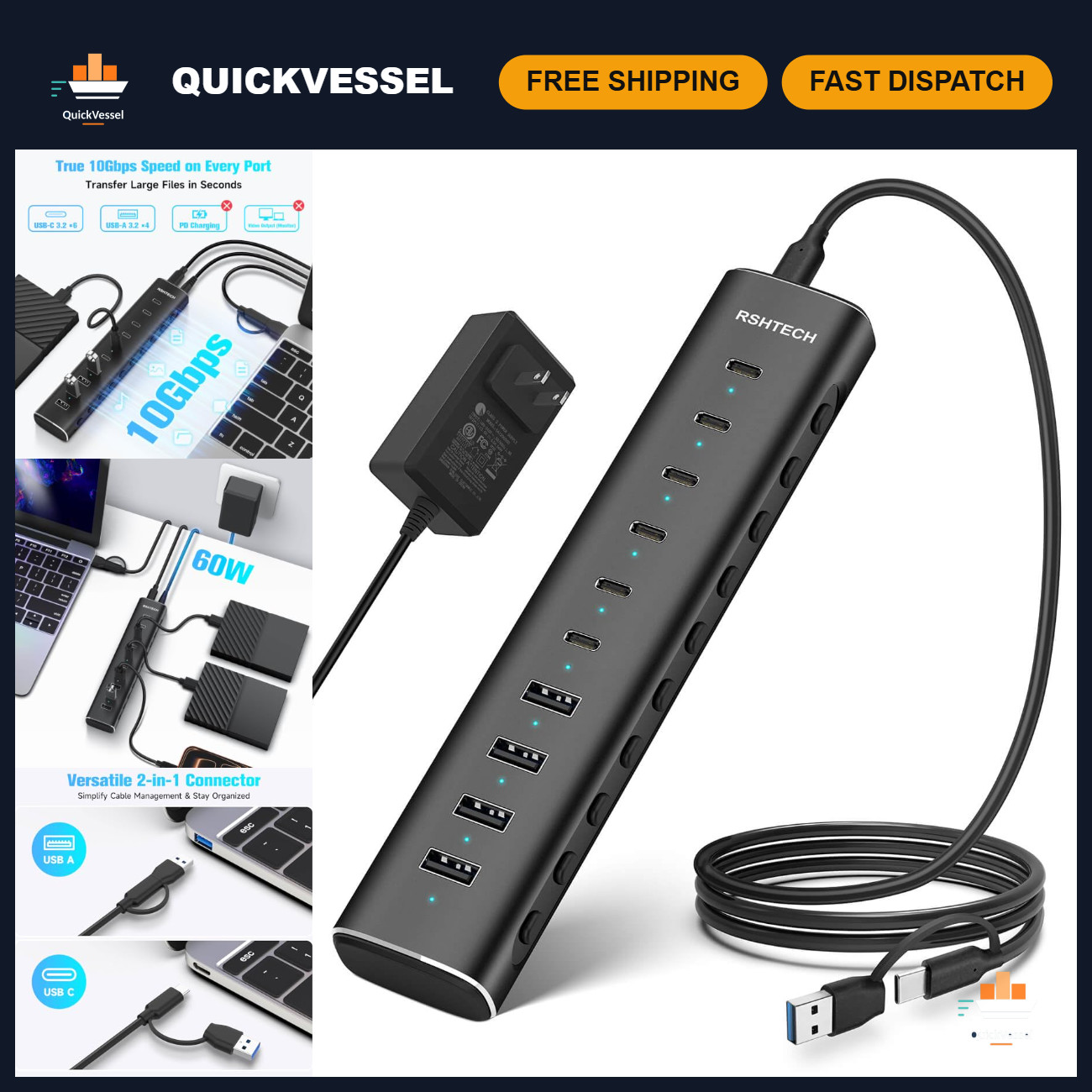 10-Port USB C Hub 3.2 with 60W Power Delivery & 10Gbps Data Transfer Speed