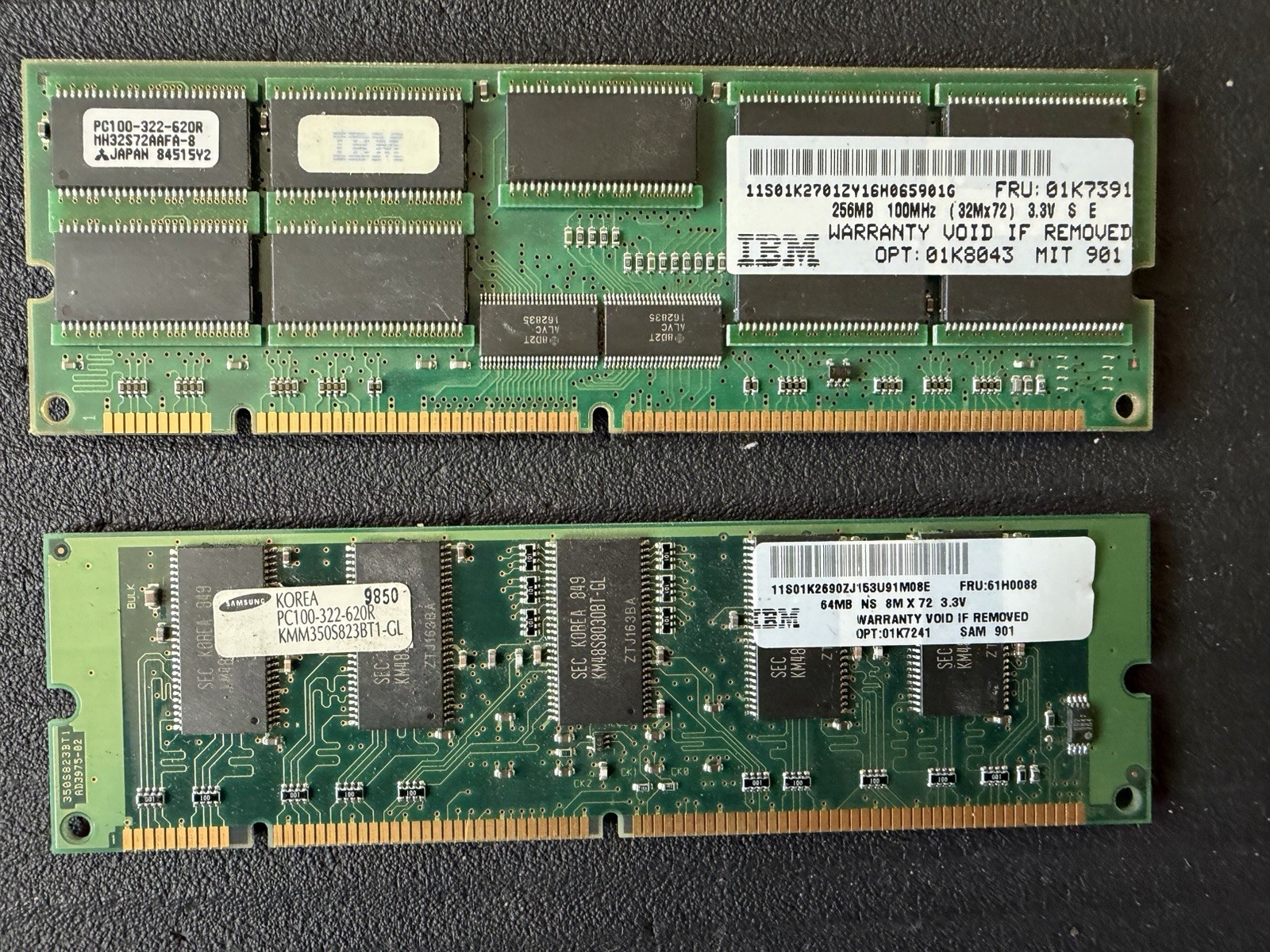 Lot of 2 Vintage IBM Server RAM Modules 256MB 01K7391 & 64MB 61H0088 PC100 ECC