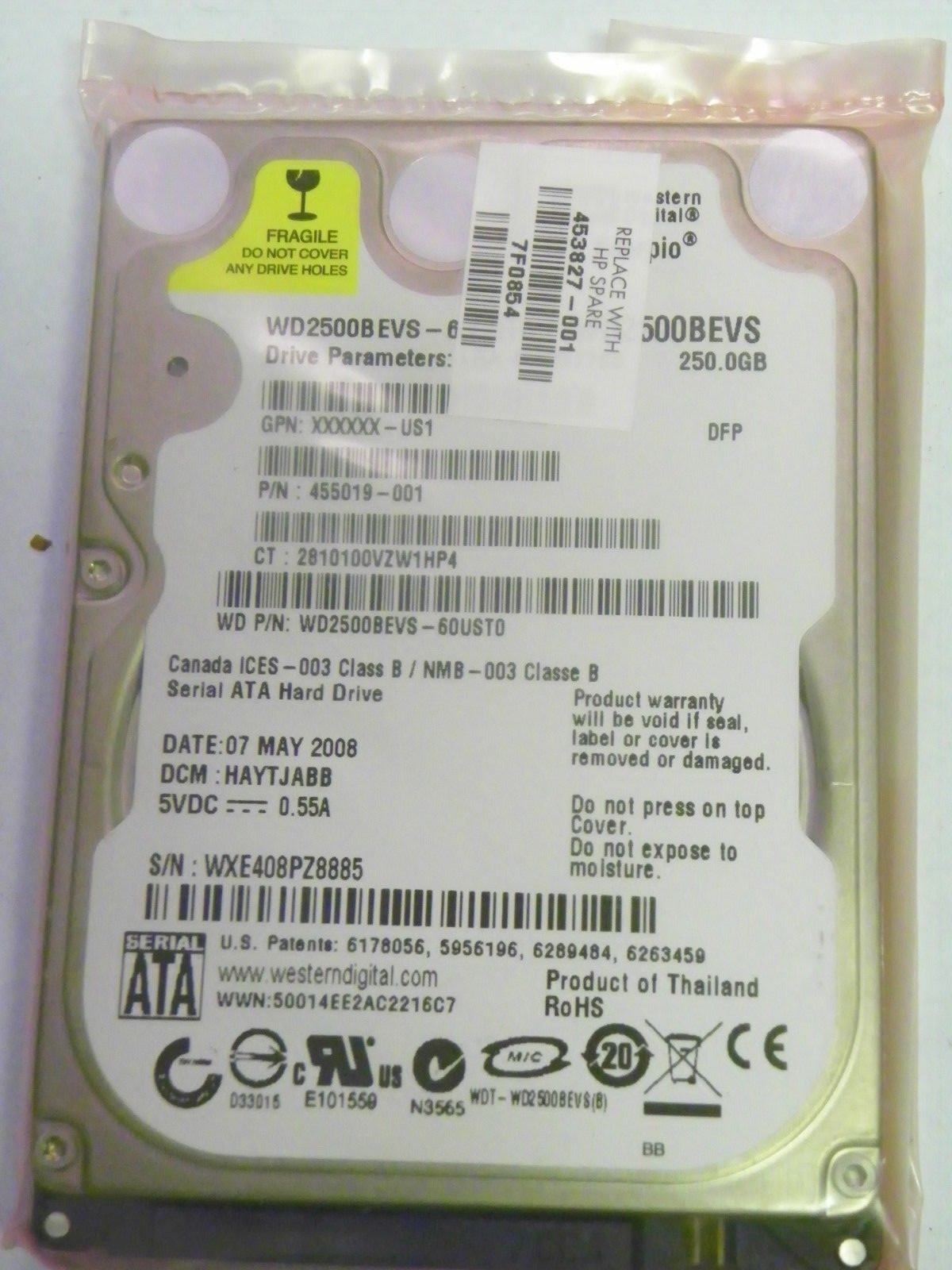 Western Digital WD2500BEVS-60UST0 P/N 455019-001 Laptop 250GB 2.5" SATA HDD