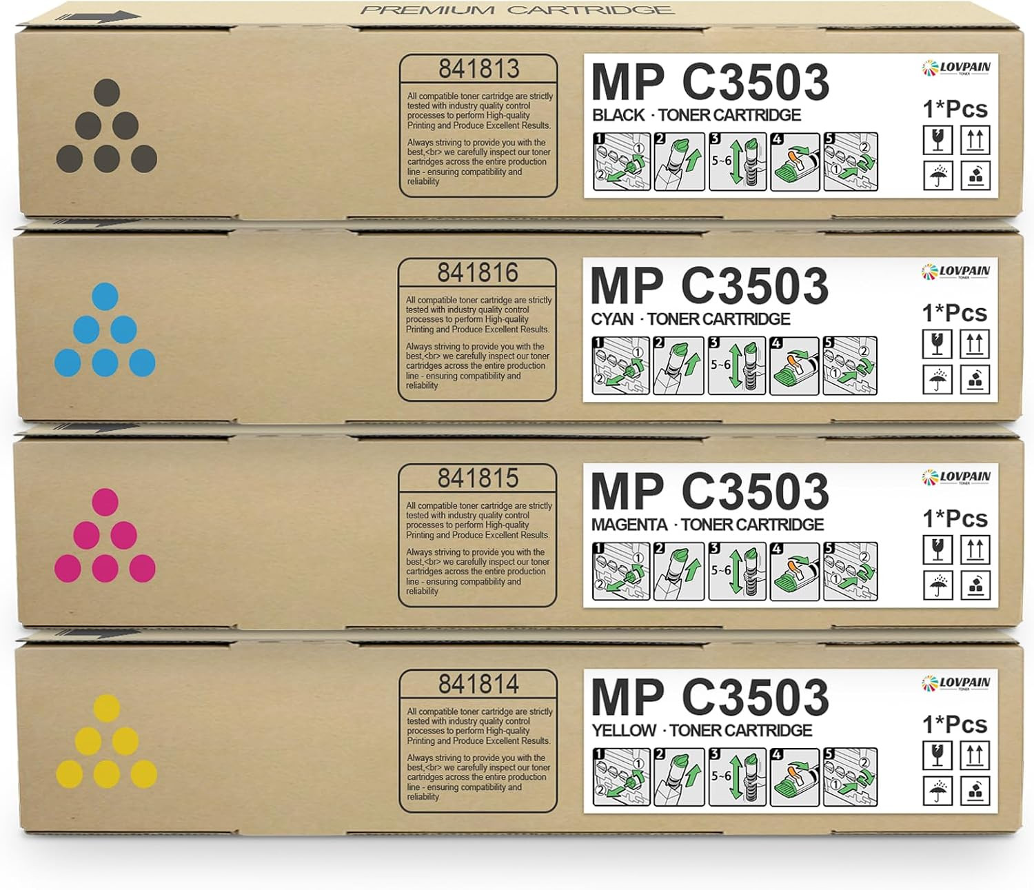 MP C3503 C3003 Toner Cartridge Set (4 Pack, 1BK/1C/1M/1Y) - Lovn 841813 841816 8