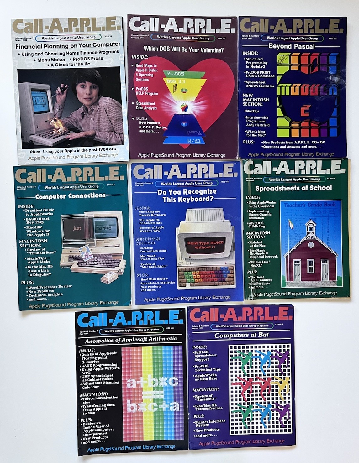 Lot 8 Issues Call A.P.P.L.E. Jan-Aug 1985 computer magazines Mac Apple Vintage