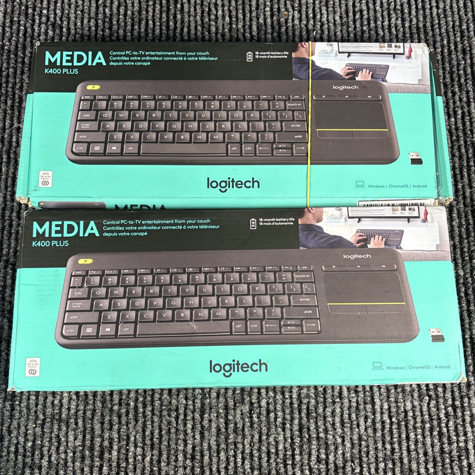 Two Logitech Media K400 Plus Wireless Touch Keyboard Built-in Touchpad - Black