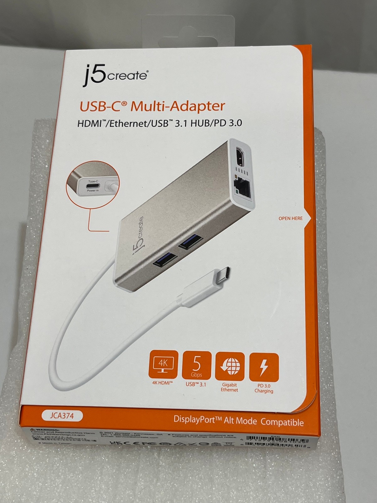 j5create USB-C Multi-Adapter HDMI, Ethernet, USB 3.1 HUB, PD 2.0 - Model JCA374 