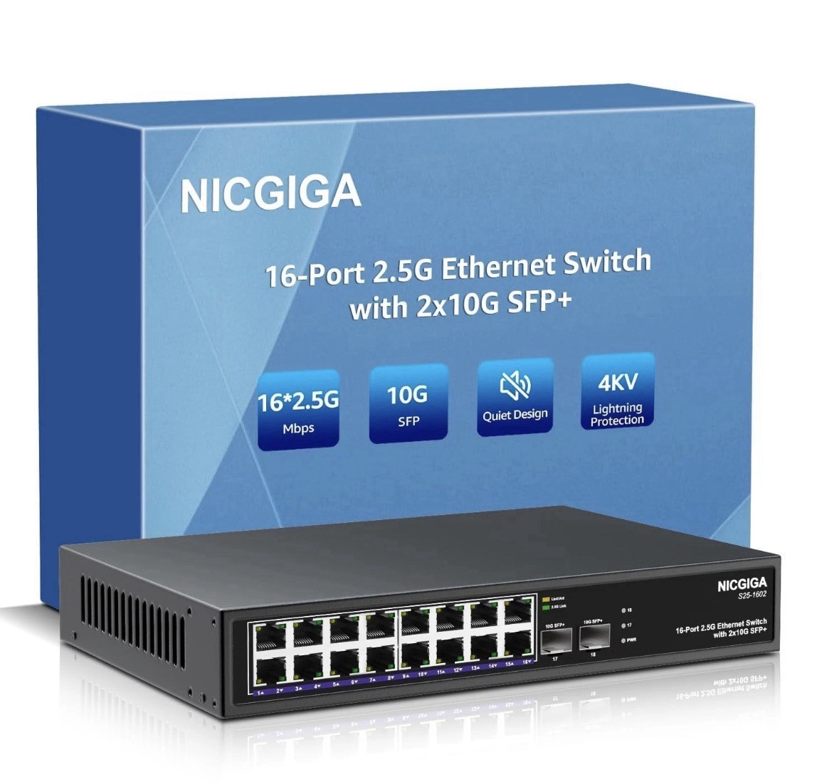 16 Port 2.5G ➕ 2 Port 10G SFP+ Ethernet Switch, NICGIGA 18 Port 2.5Gb Net