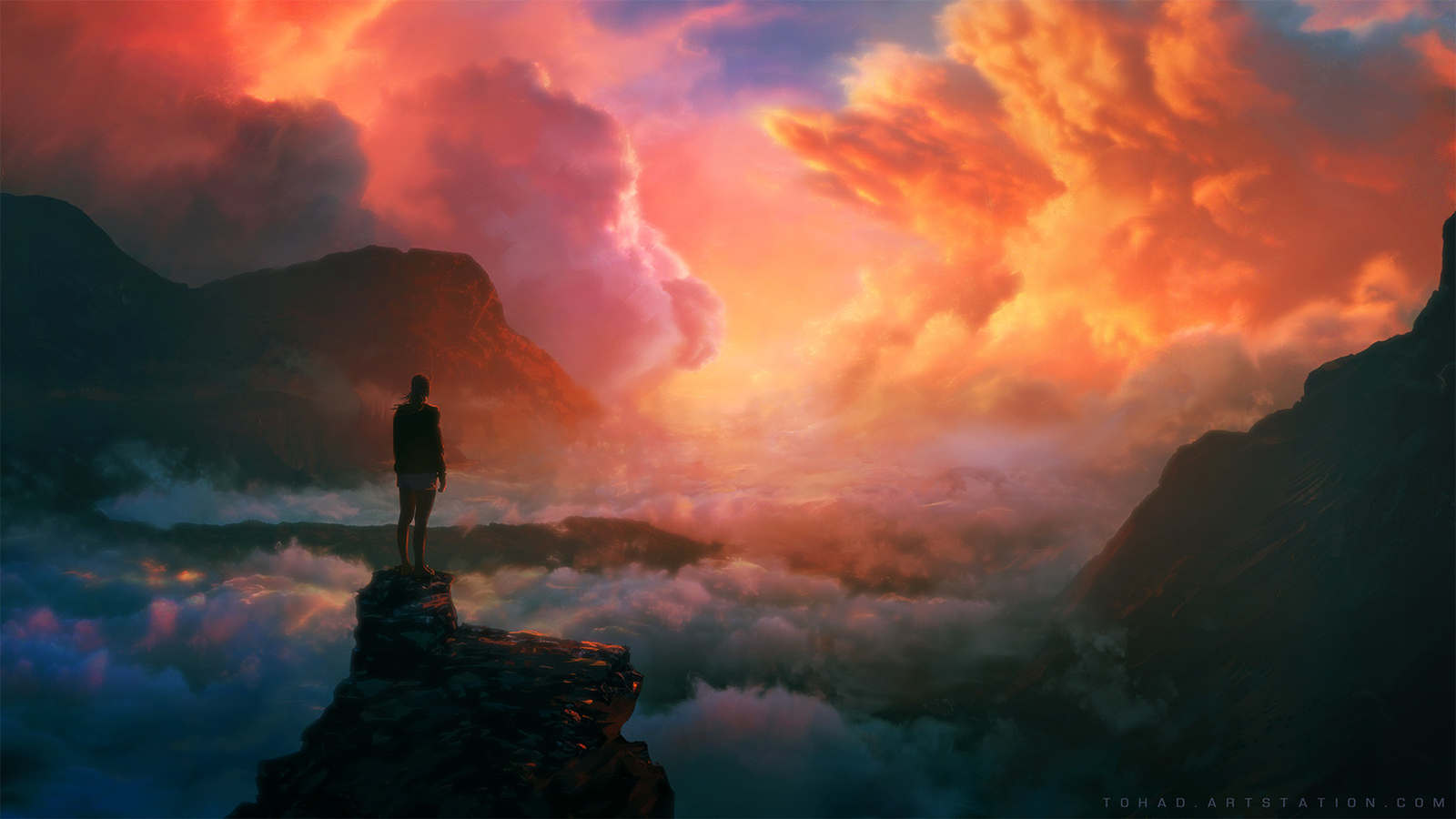 Landscape water clouds sky mountains art sunset sun Custom Gaming Mat Desk