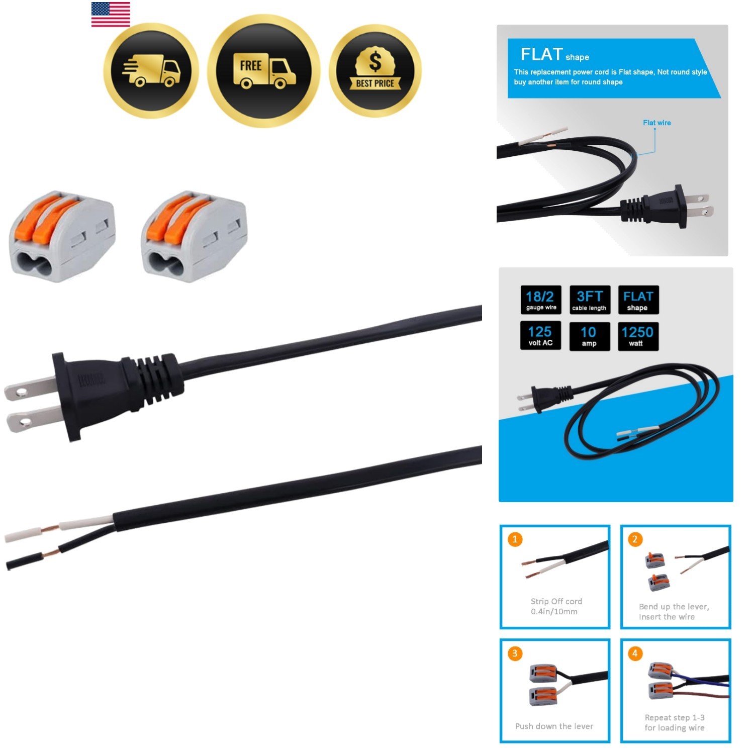 AC Power Pigtail 2 Prong 18AWG, Replacement Cable 120V Wall Plug, 3ft Polariz...