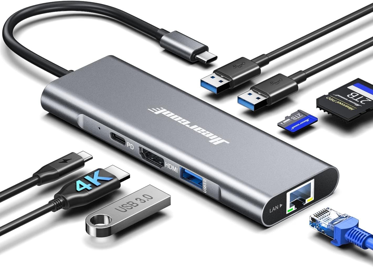 USB C Hub Ethernet 8-in-1 4K 60Hz HDMI 100W PD USB 3.0 SD TF MacBook Pro Air