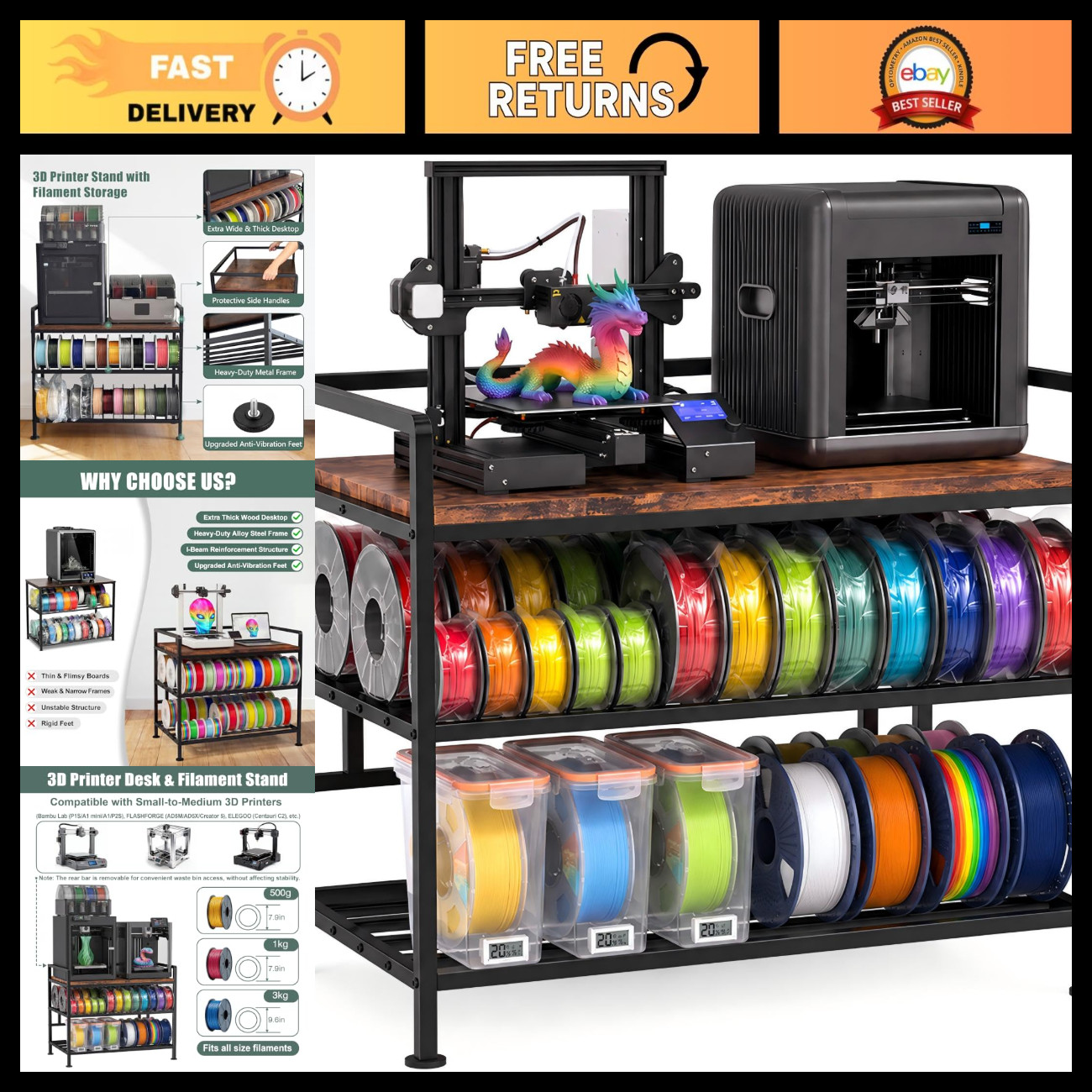 3D Printer Stand with Filament Storage & Vibration Reduction, 31x21 Inches