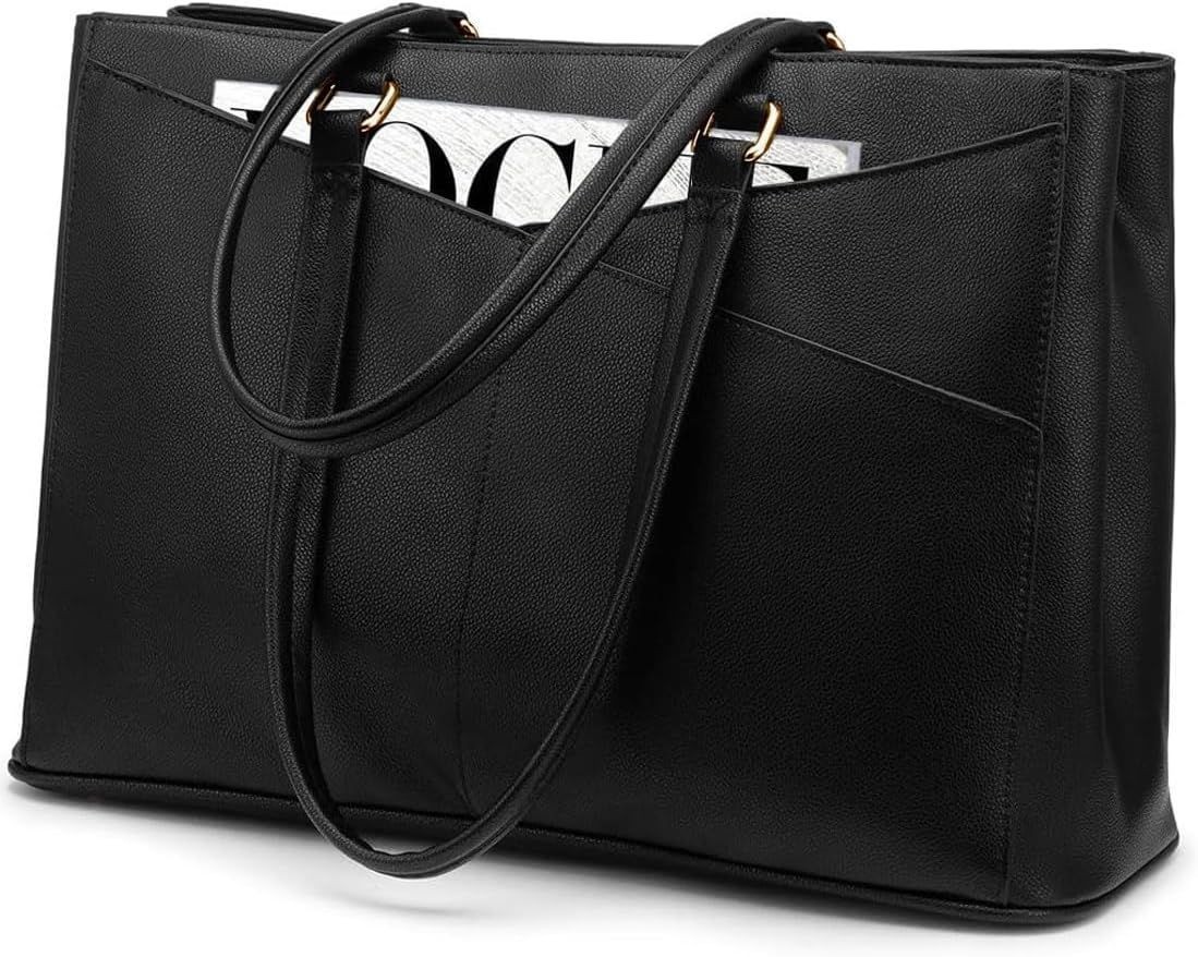 Waterproof Leather Computer Bags for Women 15.6 Inch Laptop Tote Bag Black