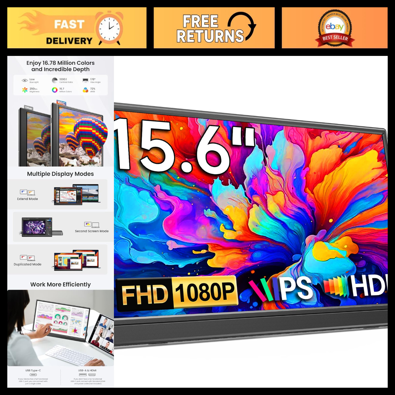 15.6" Portable 1080P FHD IPS Monitor, Ultra-Slim USB-C HDMI Travel Display, Kick
