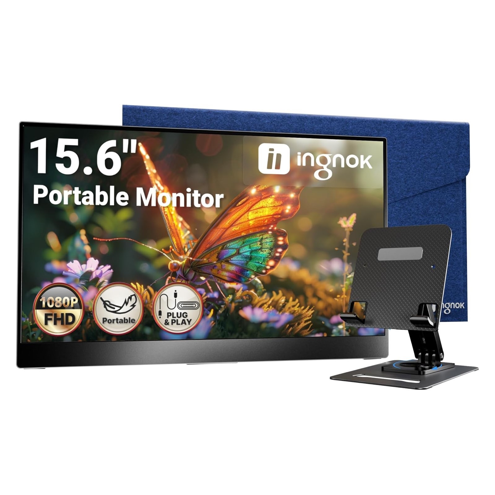 Ingnok Portable Monitor Ultra Slim 15.6'' FHD IPS Laptop Screen Extender w/Stand