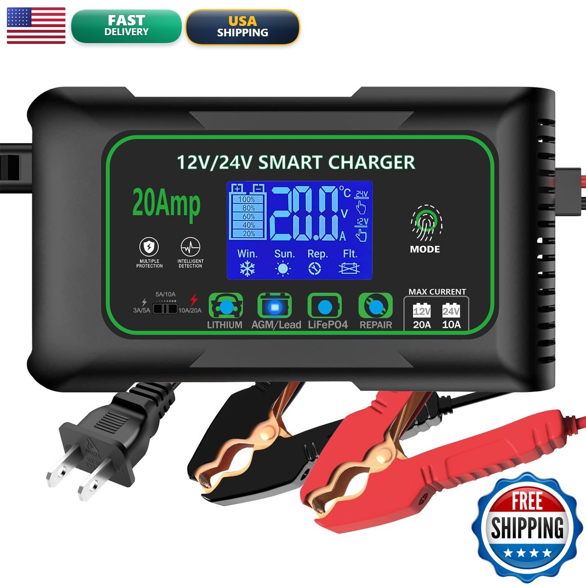 Hiyiton 20 Amp Smart Battery Charger, 12V/20A And 24V/10A Car Battery Charger