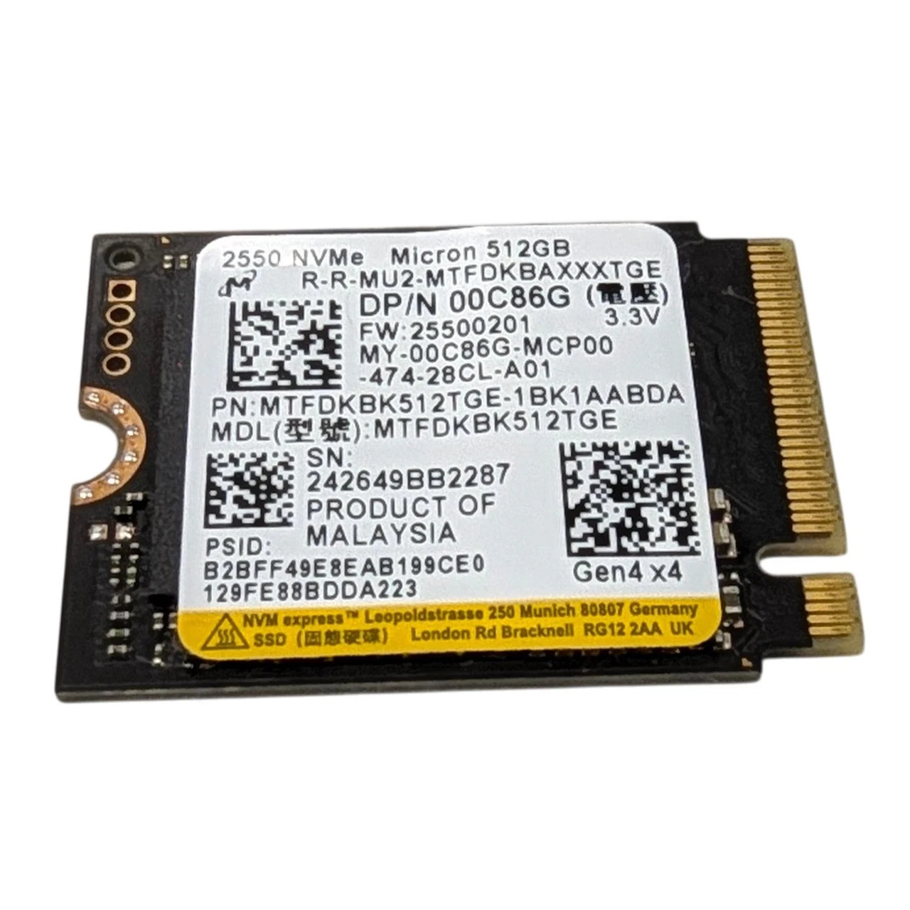 Micron 2550 512GB M.2 2230 NVMe PCIe Gen4 x4 SSD - MTFDKBK512TGE