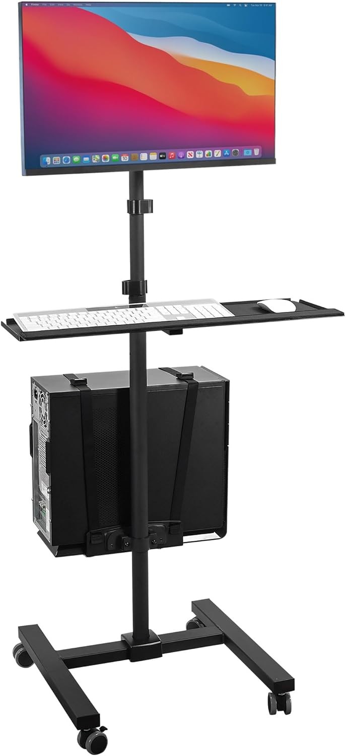 Rolling Computer Cart on Wheels, Mobile Desk Workstation with Monitor Mount for