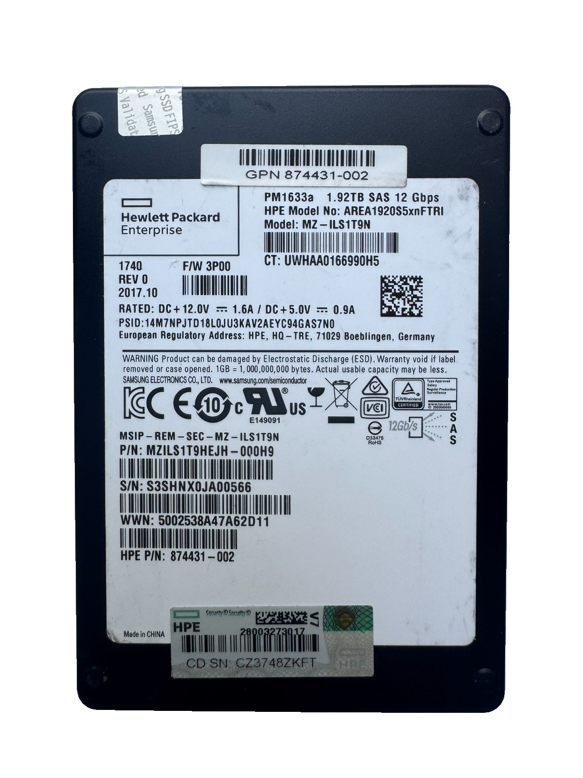 HPE SAMSUNG PM1633a 1.92TB 2.5" SAS SSD 12Gbps/512bs/Excellent Health-All 91%
