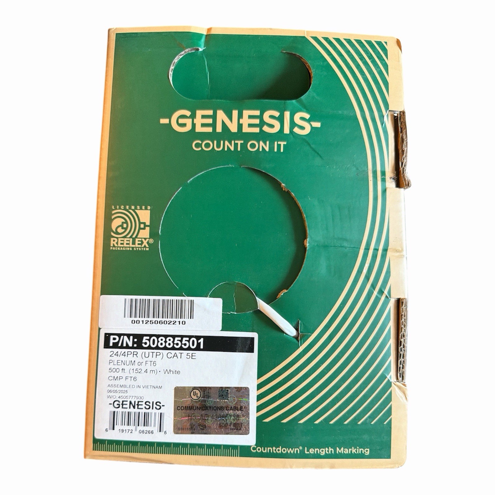 Genesis 50885501 CAT 5E Plenum Cable 500ft White Pull Box CMP FT6 UTP