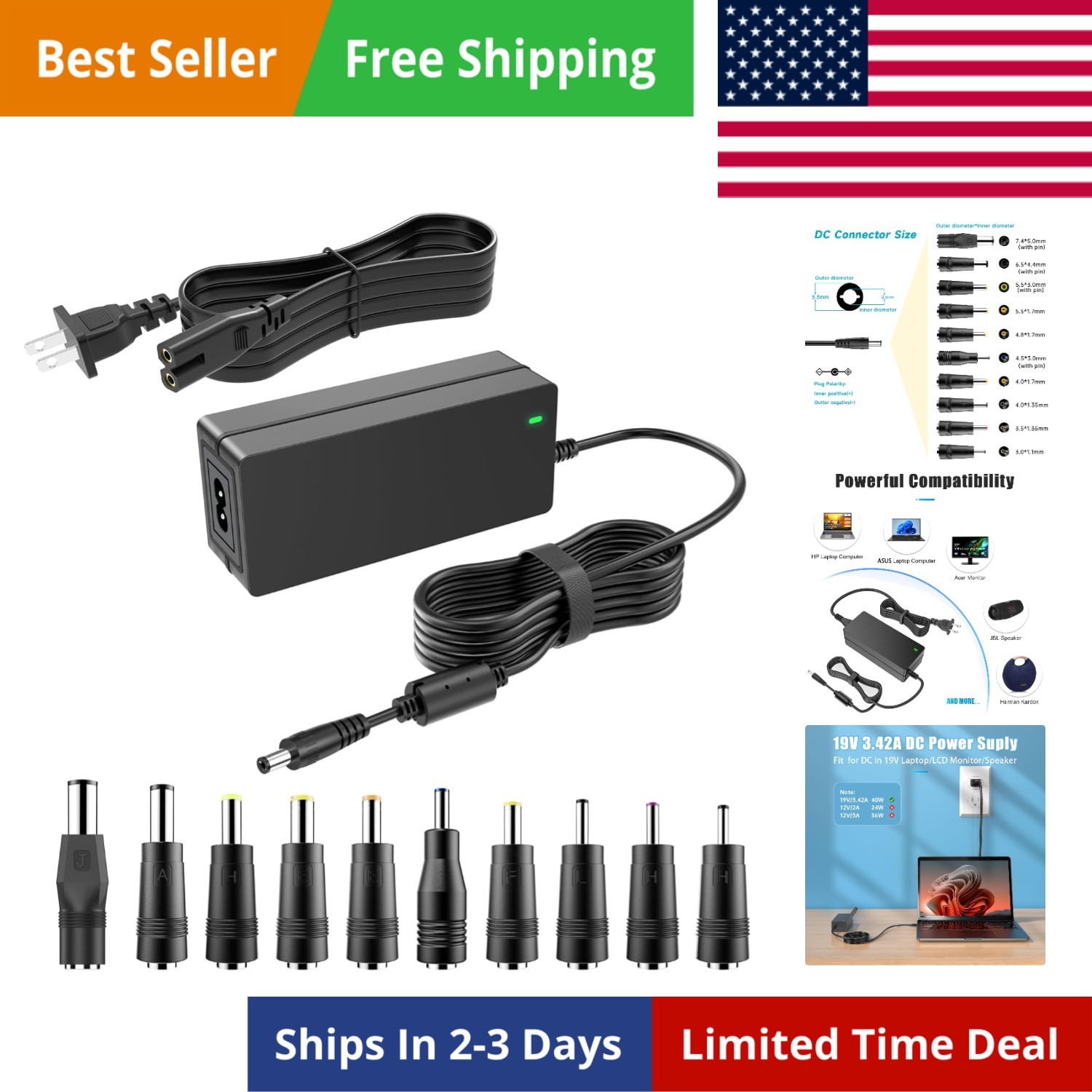 19V DC Power Supply 19V 3.42A Power Adapter for 65W 45W Laptop Monitor Speake...