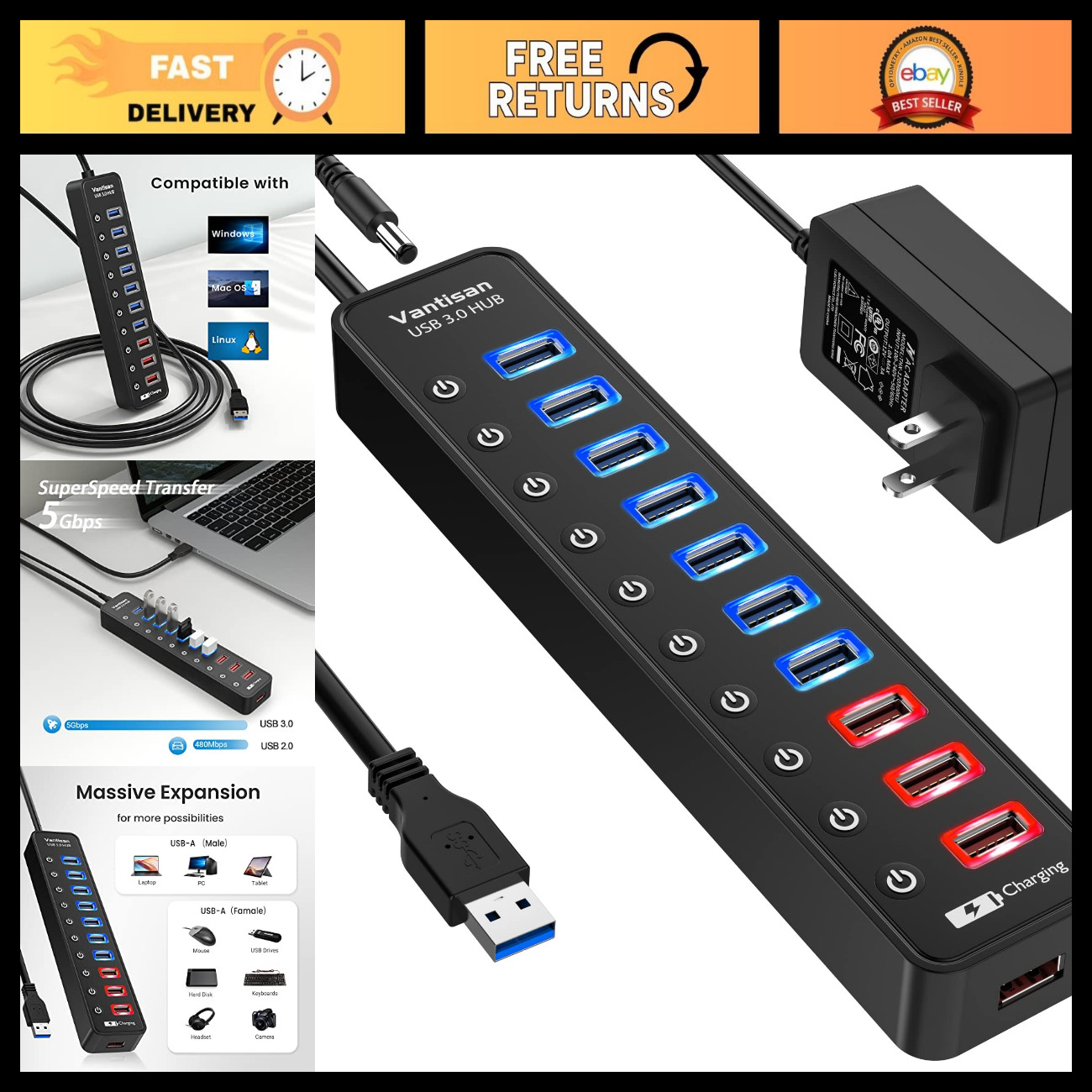 11-Port USB 3.0 Hub Splitter with 7 Data & 4 Smart Charging Ports, LED Switches