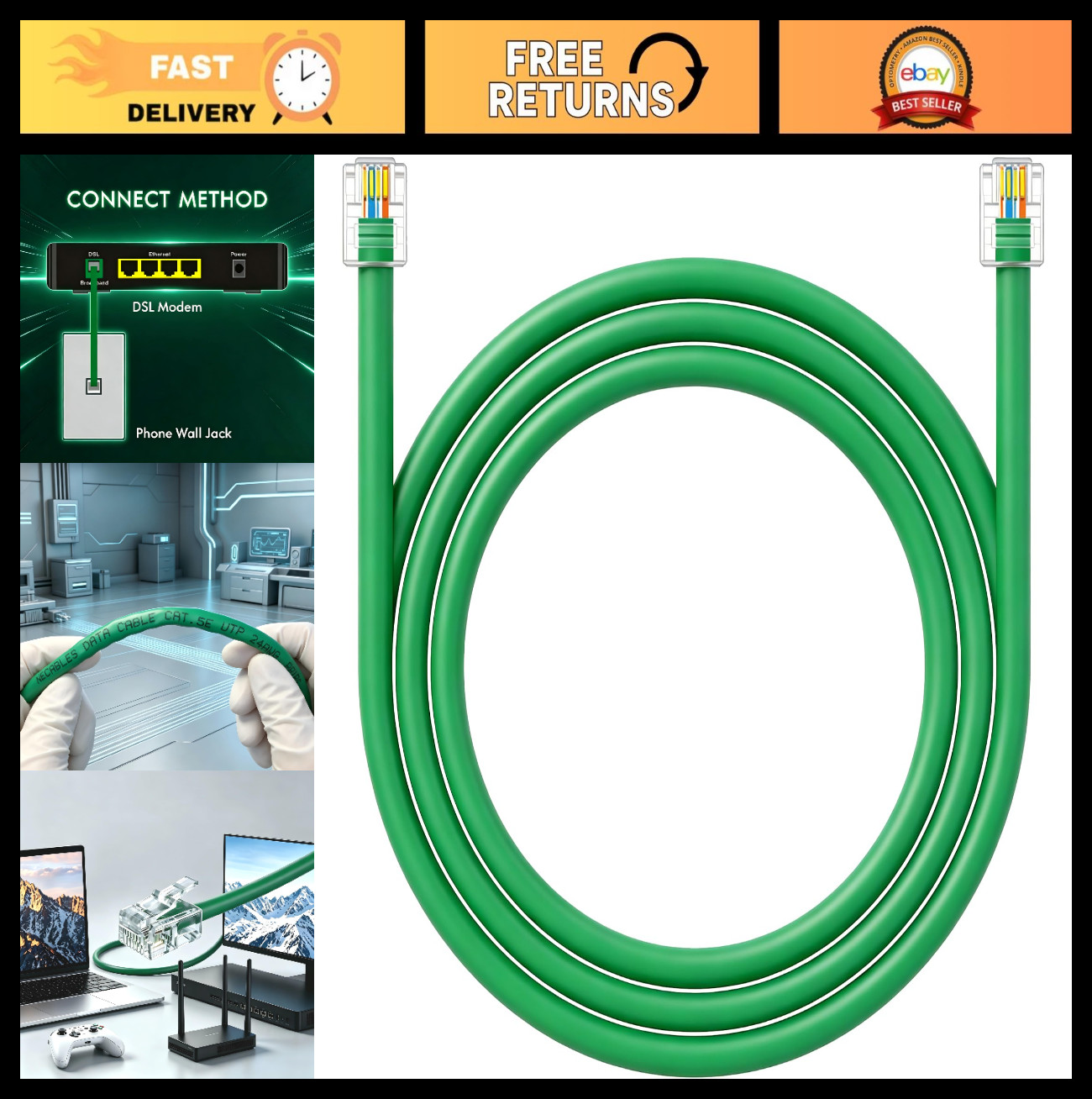 10ft CAT5E RJ11 Data Cable for DSL Modem - High-Speed Internet Connection, 10 Fe