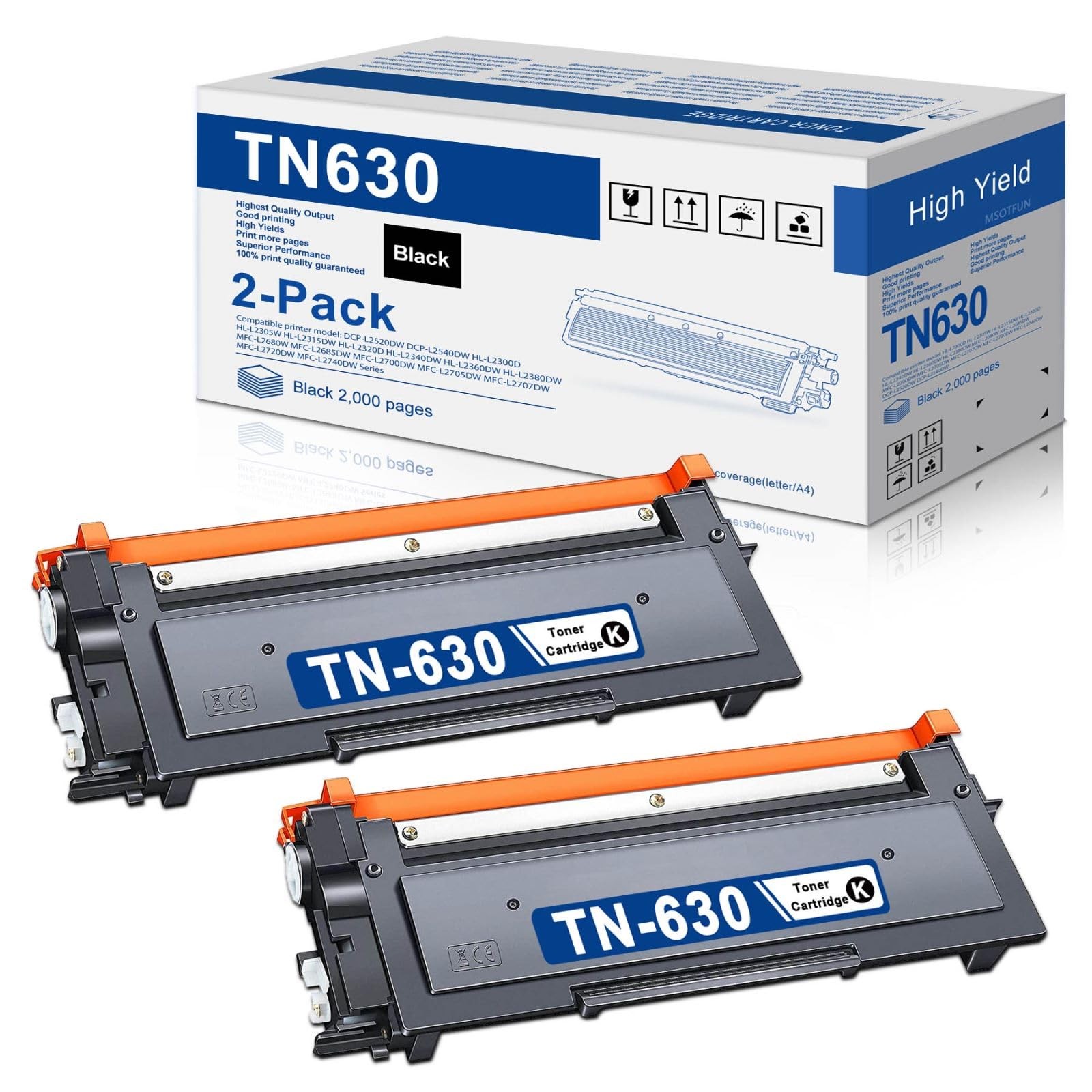 MSOTFUN TN-630 2-Pack Replacement Black Toner Cartridge for Brother HL-L2360DW