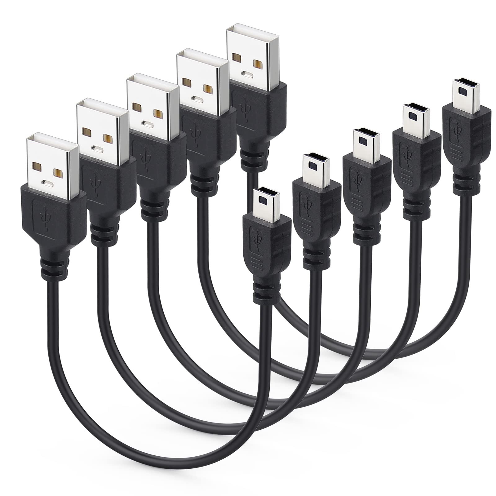 Smays Mini USB Cable 1ft 5-Pack Bulk, Short 5p 1 Feet 5-Pack, Black 