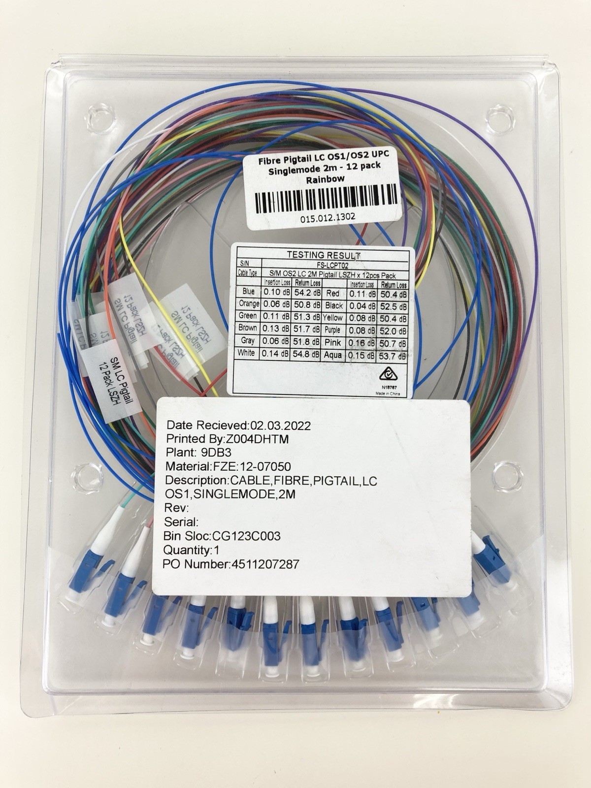015-012-1302 Fiber Pigtail LC OS1/OS2 UPC Singlemode SM 2m - 12 pack Rainbow