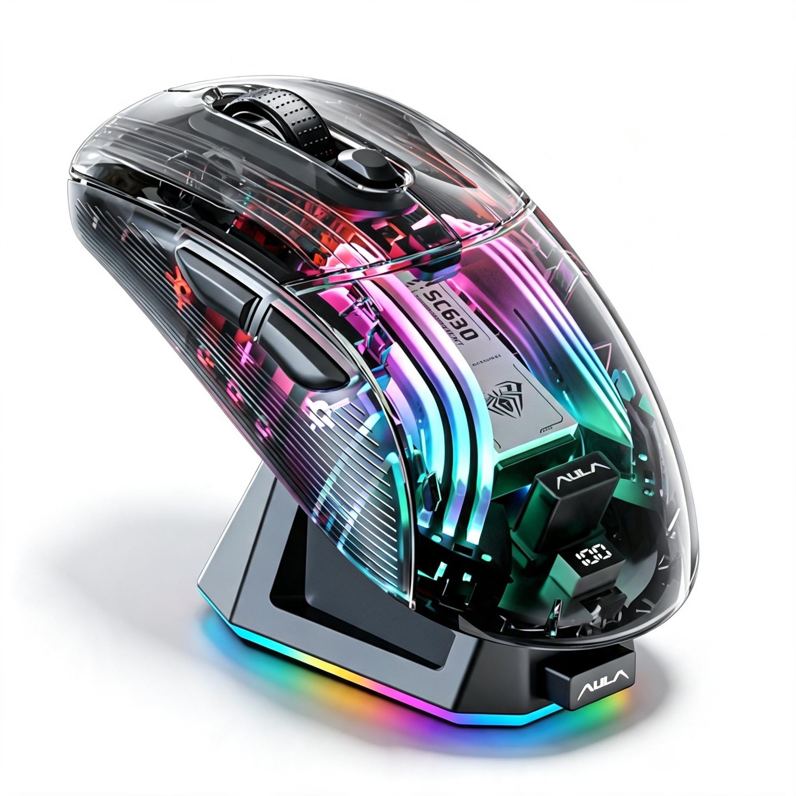 Transparent Wireless Gaming Mouse, Tri-Mode RGB, Battery Black-