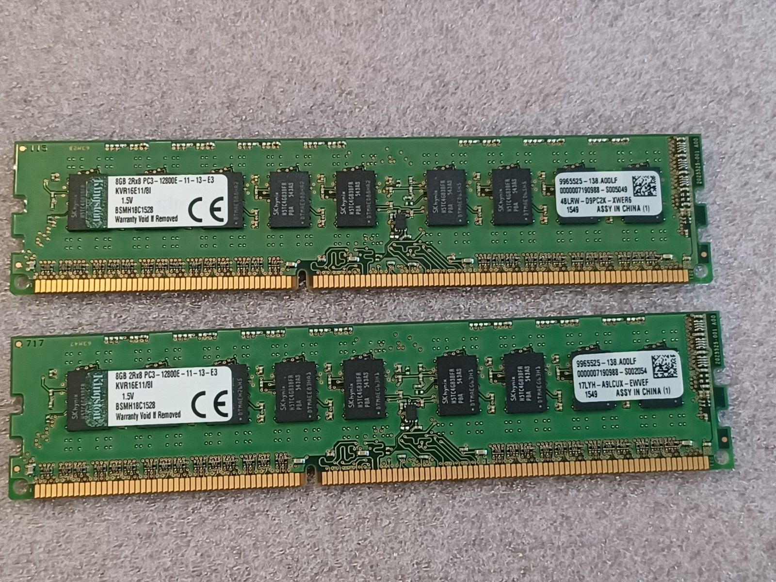 LOT OF 2 KINGSTON KVR16E11/8 8GB 2Rx8 PC3-12800E DDR3-1600 Memory Module RAM