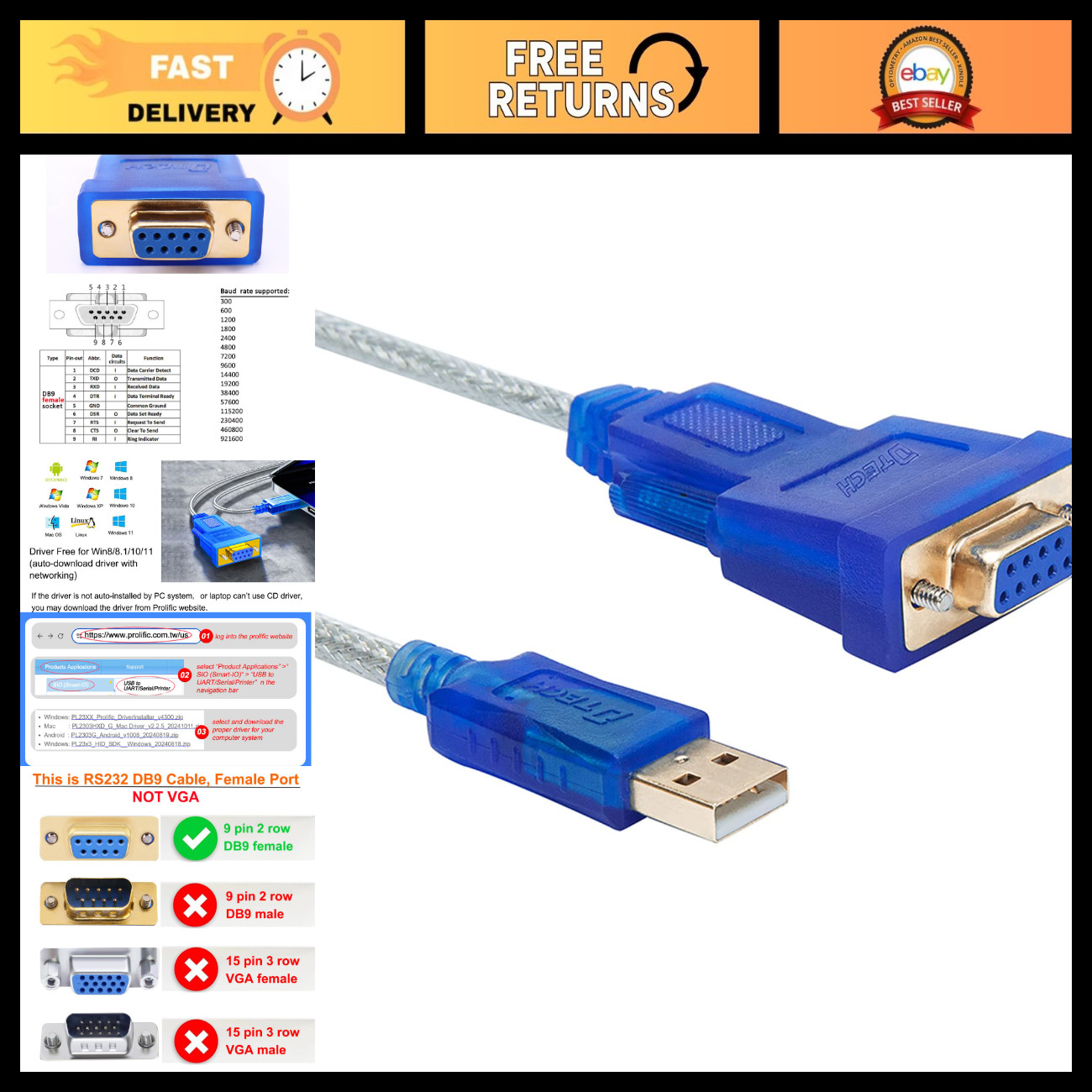 10FT USB to Serial Adapter Cable DB9 RS232 9-Pin Female Connector for Windows &