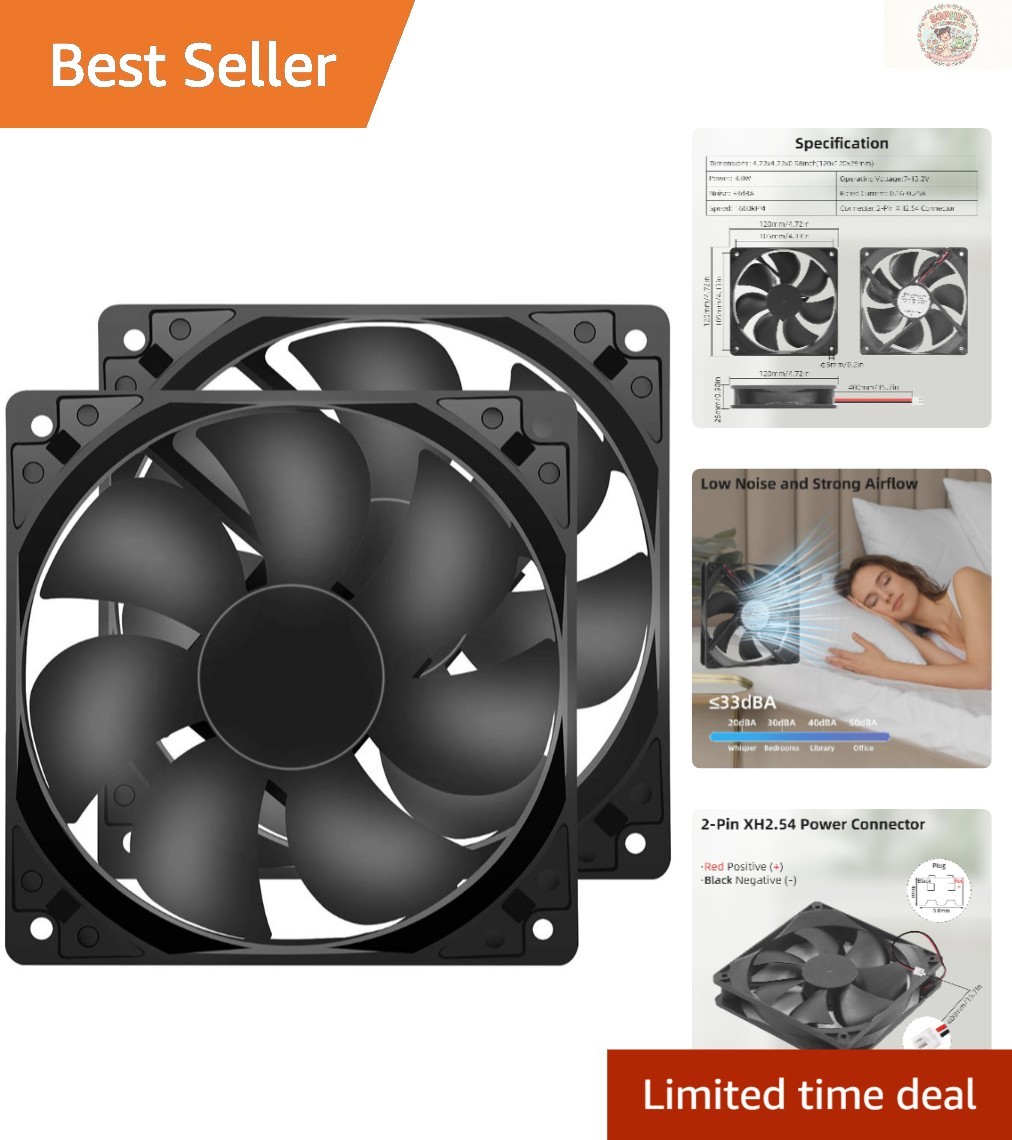 Versatile 12V Cooling Fans - Ideal for PC, Amplifiers, Refrigerators, 2-Pack