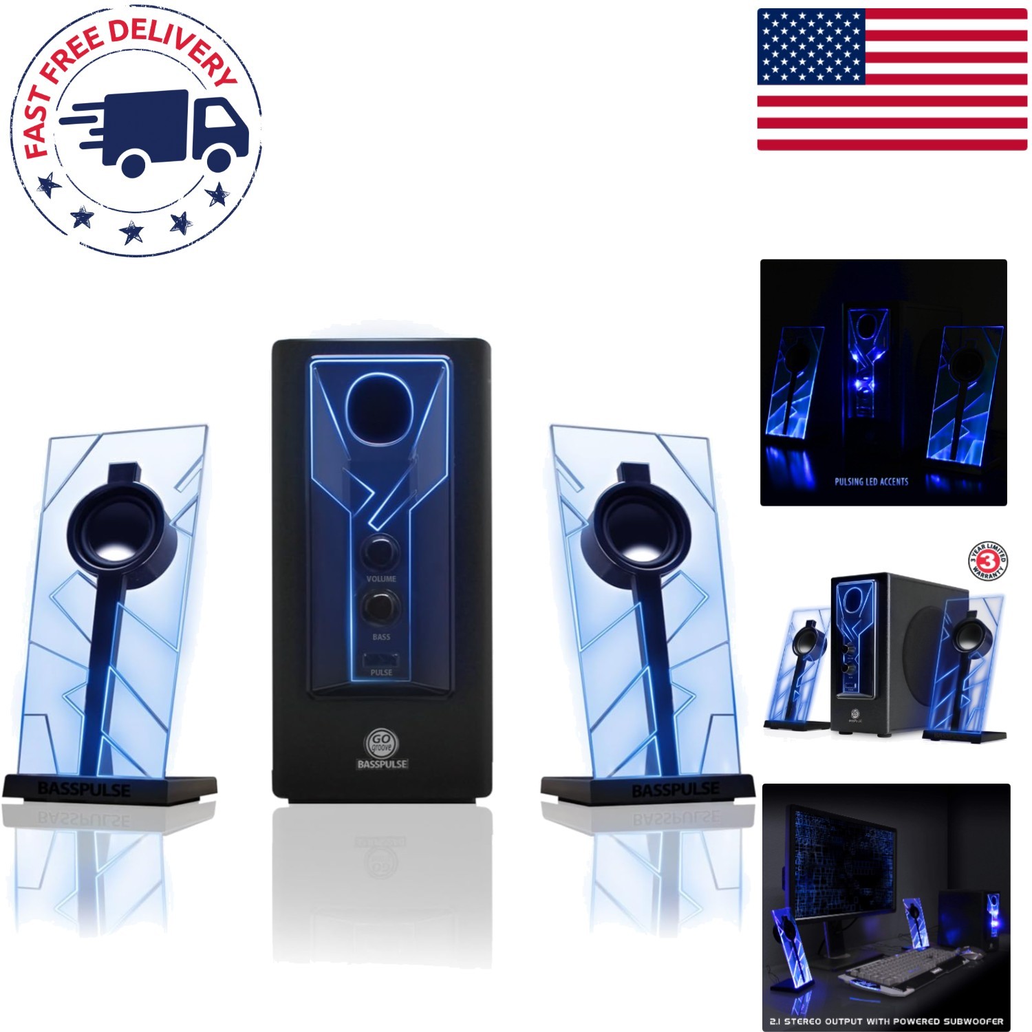 BassPULSE 2.1 Computer Speakers with Blue LED Glow - 40W Gaming Audio System