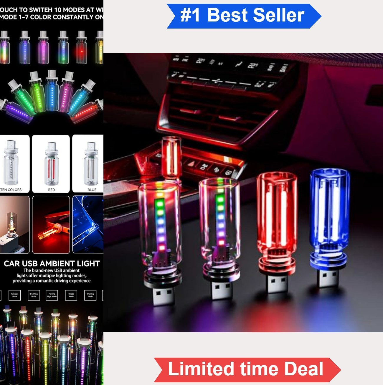 USB Car Interior Ambient Light 4 Piece Glass RGB Touch Dimmable Plug and Play