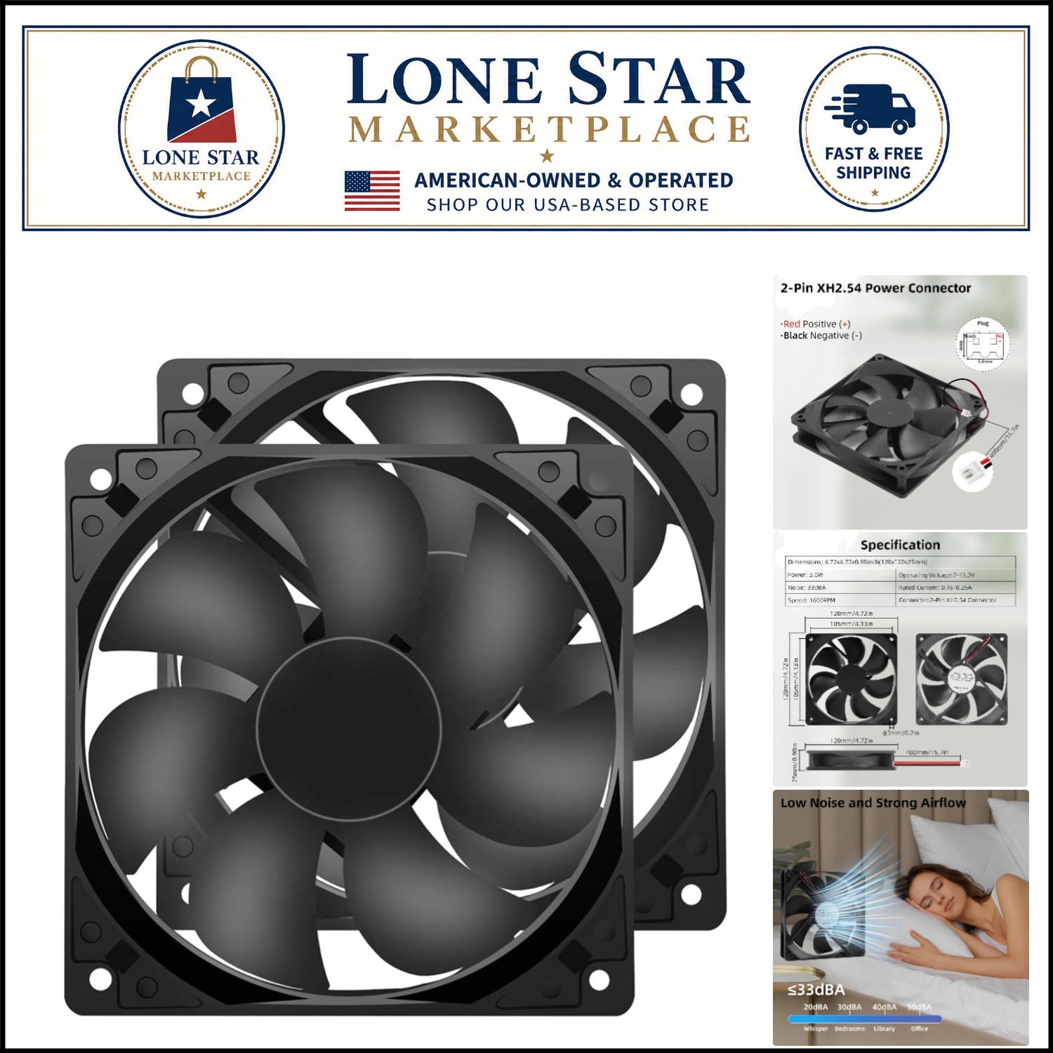 High-Performance 12V 120mm Quiet Cooling Fan 2-Pack - 1600RPM Durable & Strong