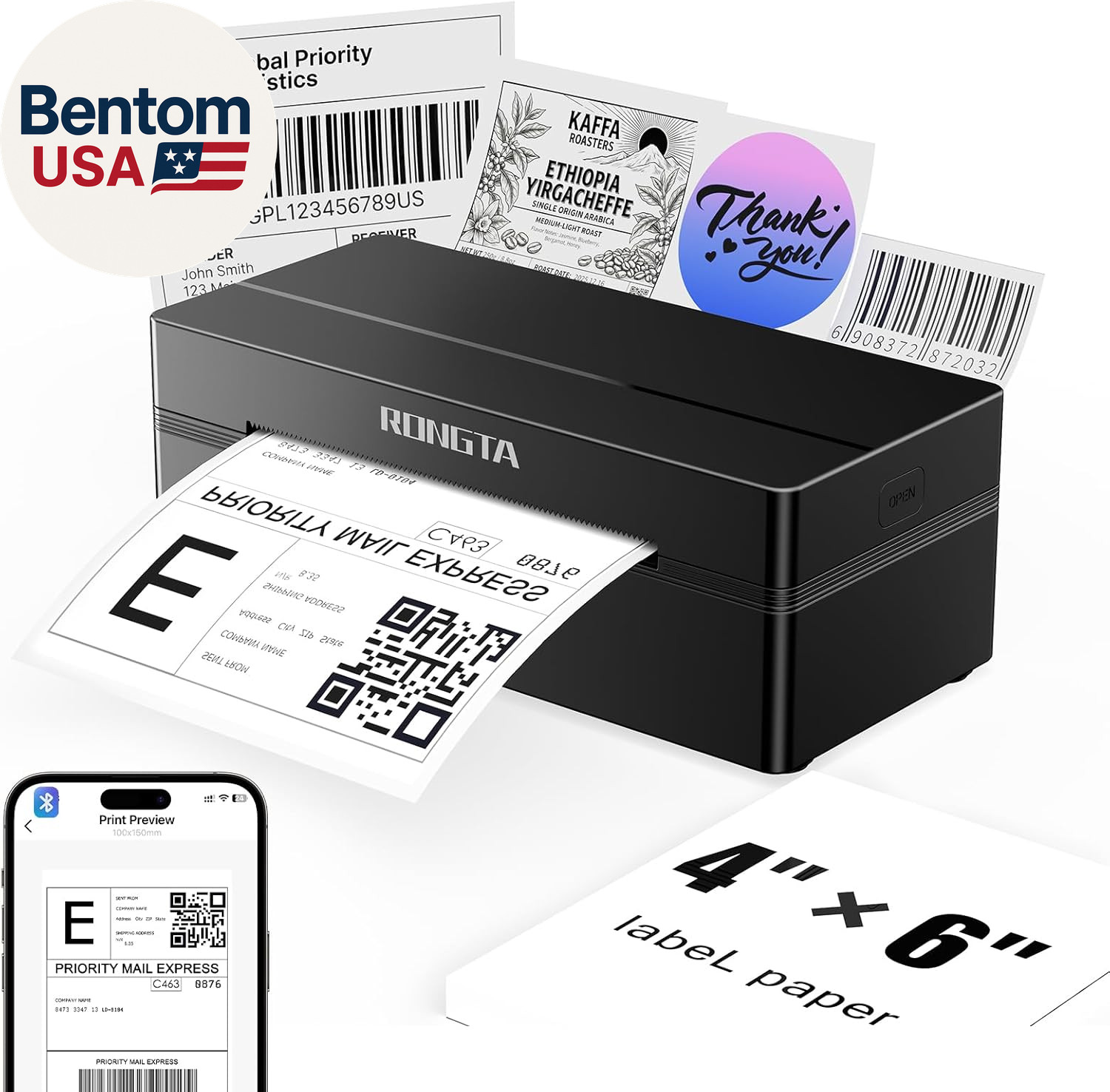 Bluetooth Shipping Label Printer, Wireless 4X6 Thermal Label Printer for Shippin