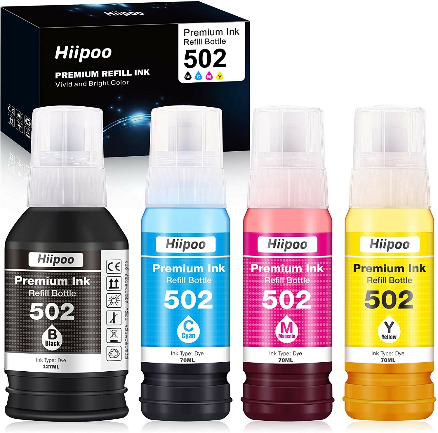 Hiipoo 502 Refill Ink Bottles Replacement Black Yellow Cyan and Magenta