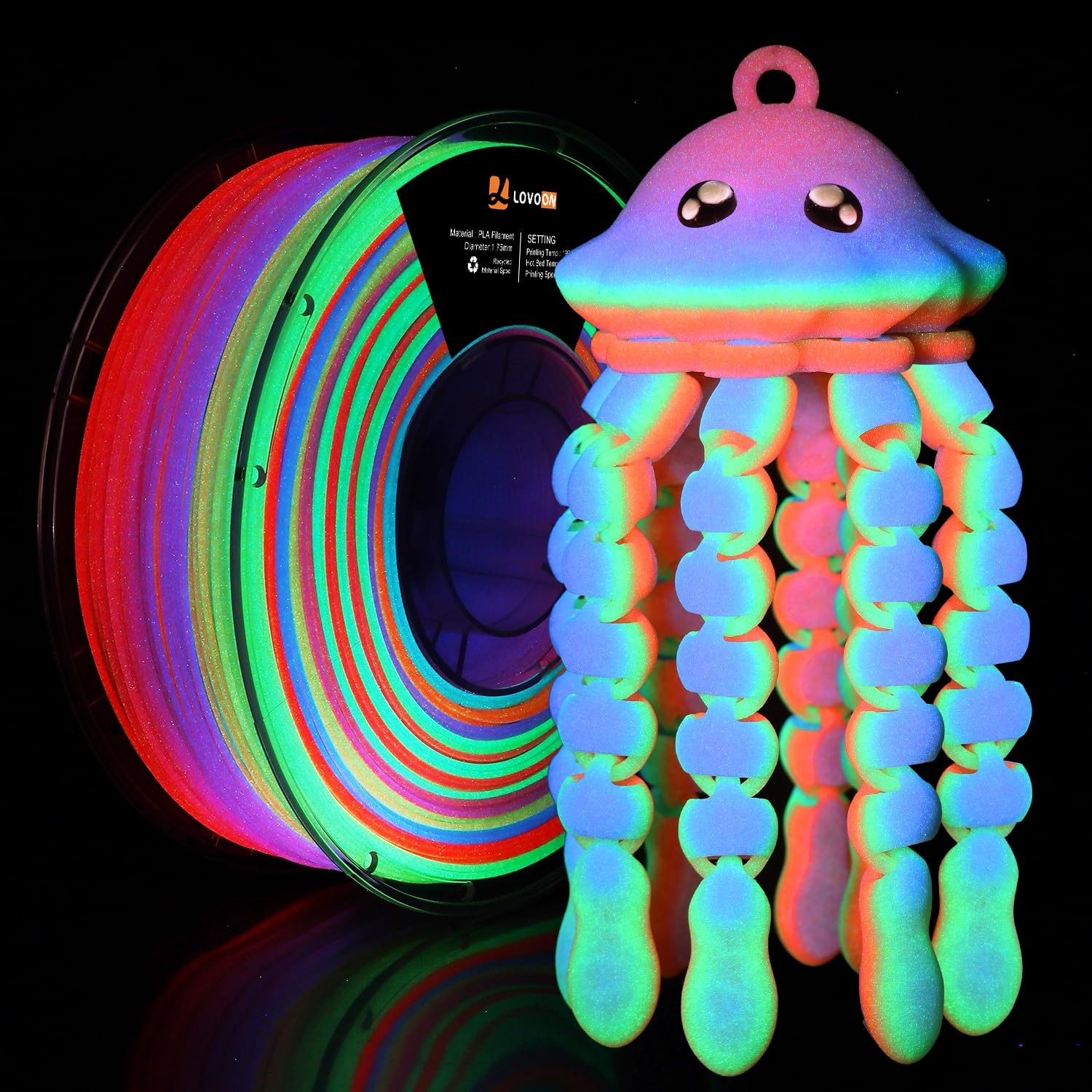 LOVOON 3D Printer Filament, Glow in the Dark Filament, Luminous Rainbow 1KG