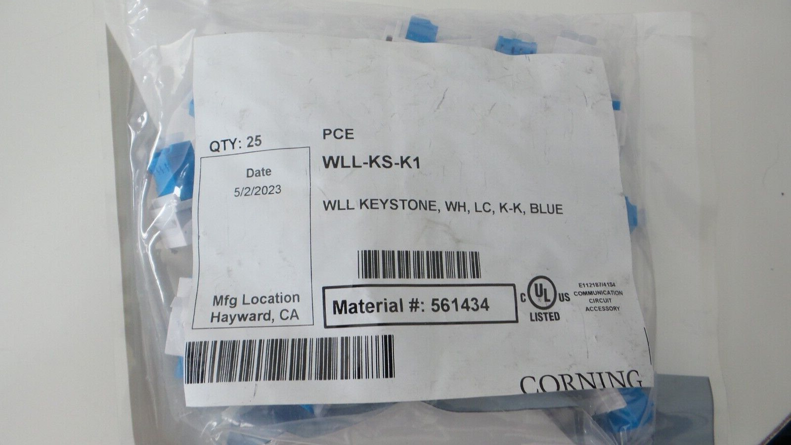 Corning Part # WLL-KS-K1 KEYSTONE,WH,LC, K-K, BLUE CONNECTOR LOT OF (25)