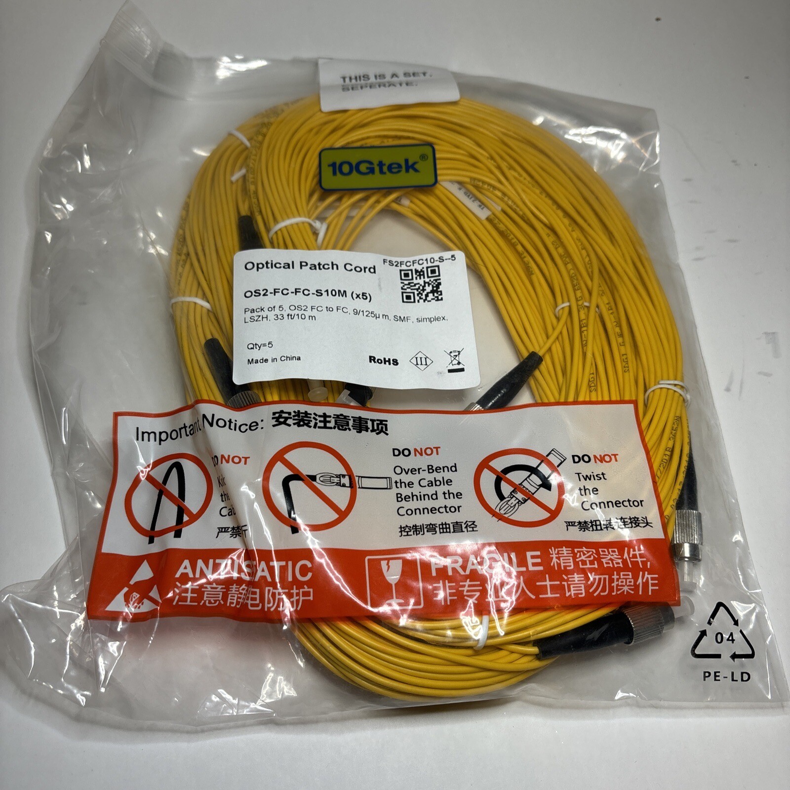 10Gtek OS2 Fiber Optic Patch Cable FC to SC 10M 33FT Single Mode x5