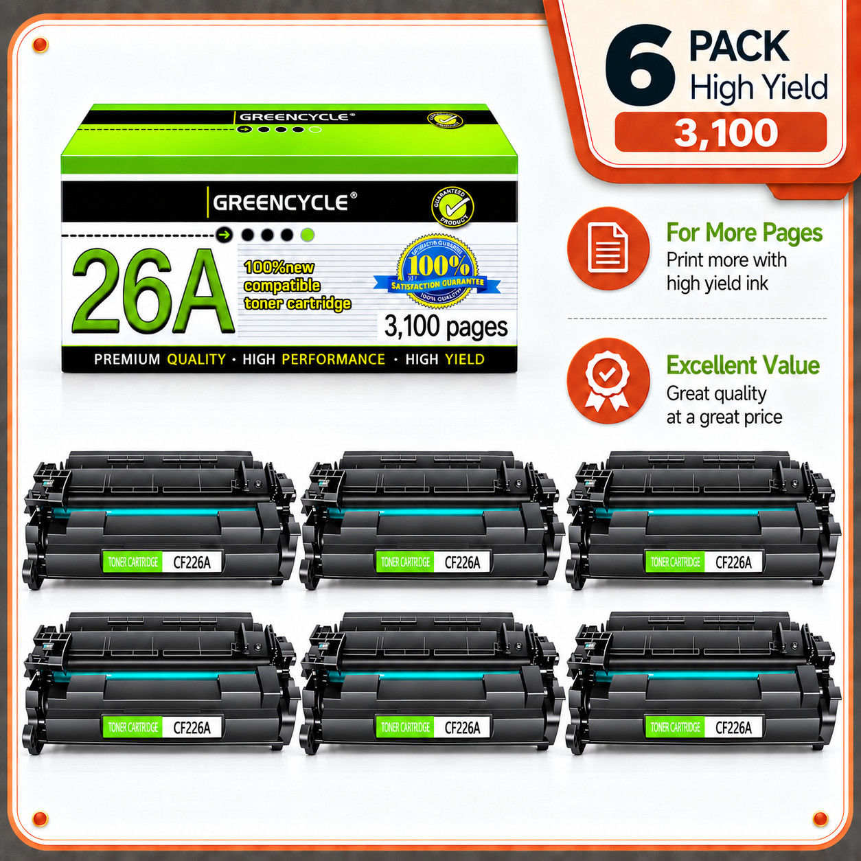 GREENCYCLE 6 Pack 26A CF226A Toner Cartridge for HP M402n M402dn M426fdw M426fdn