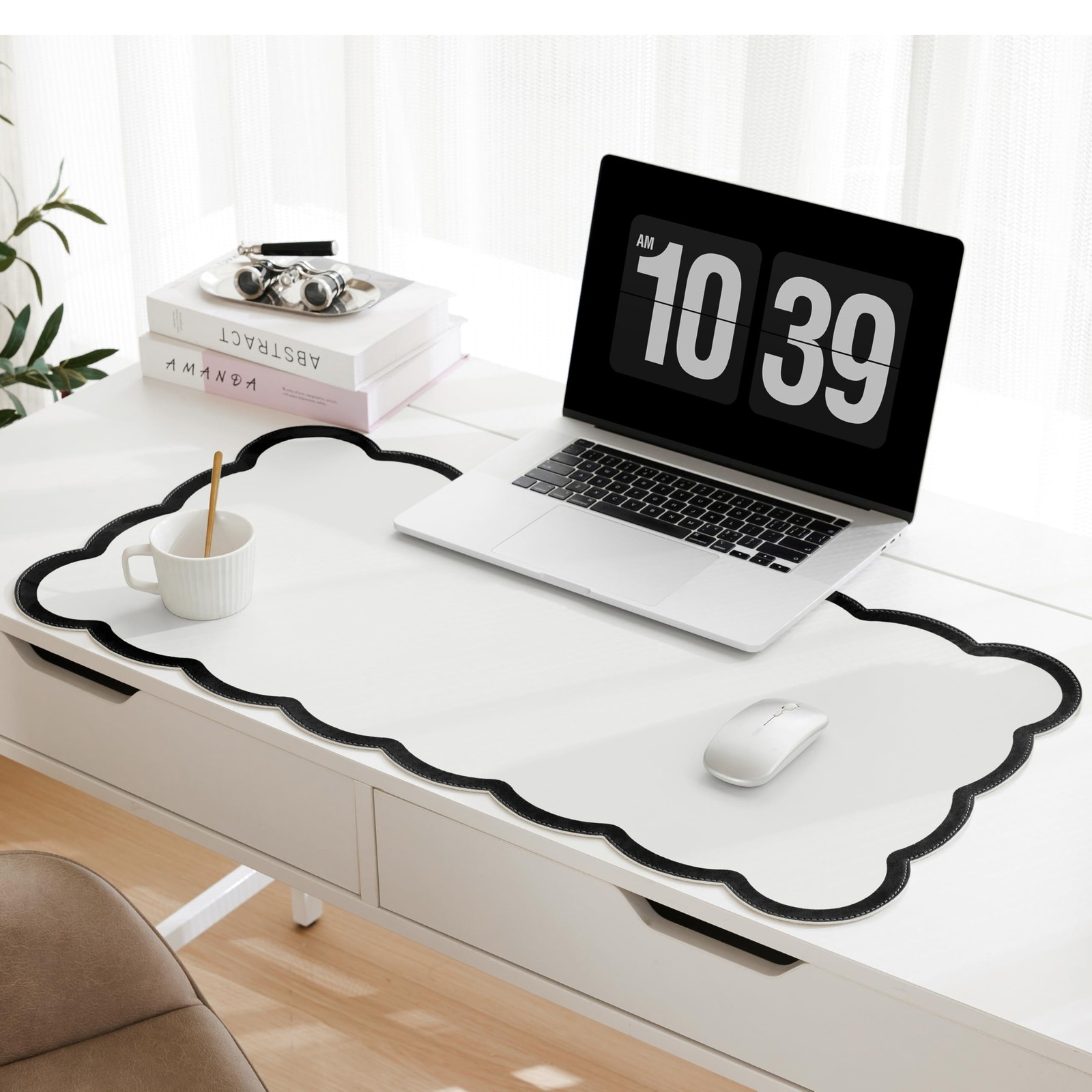 Scalloped Desk Mat 31.5x15.7 Inch PU Leather Laptop Mouse Keyboard Pad