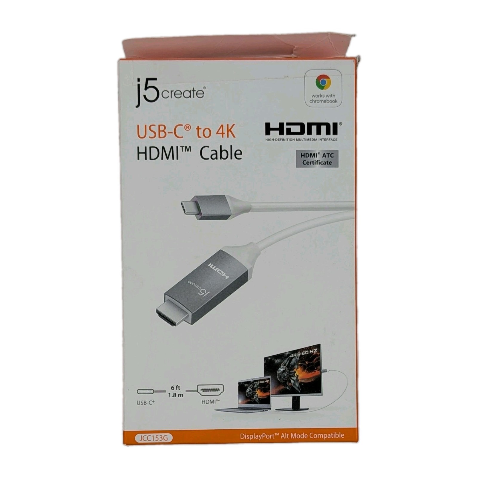 j5create USB Type C to 4K 60Hz HDMI 6ft Cable w/ HDMI ATC Certificate JCC153G