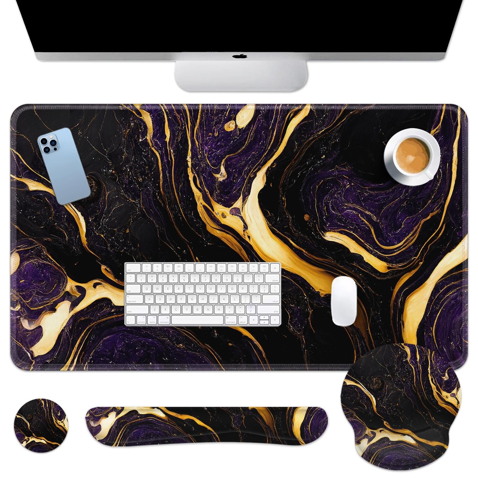 Purple Black Gold Marble Keyboard Mouse Pad Set 4in1 Large Mousepad+Keyboard ...