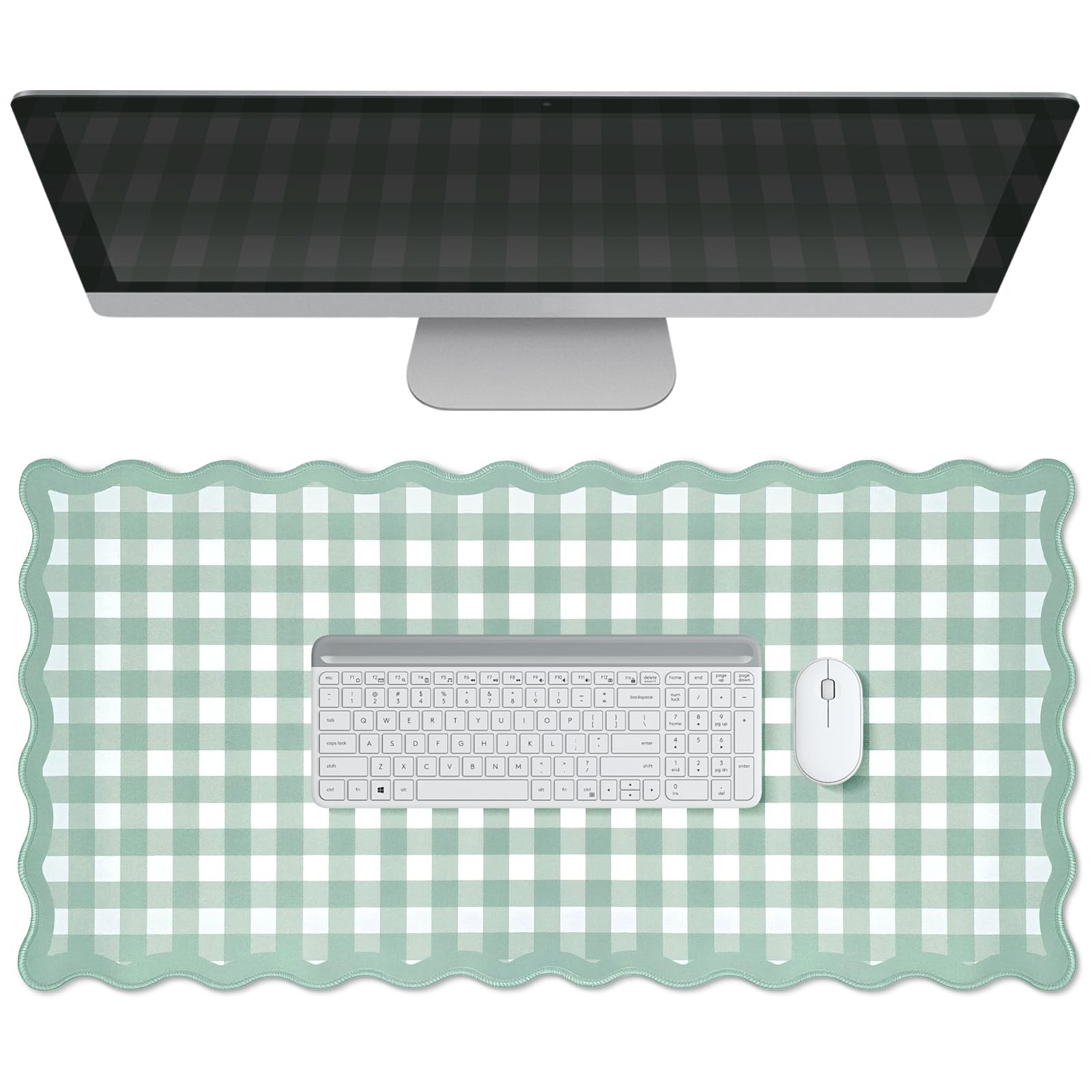 Green Scalloped Desk Mat, Checkered Large Mouse Pad, Non-Slip Rubber Base Key...