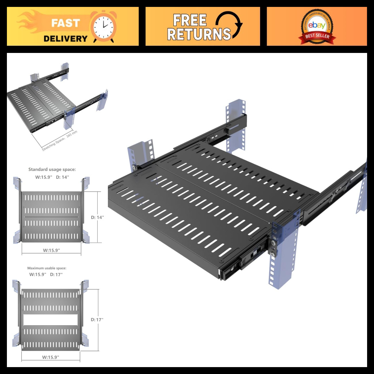 4-Post Vented Sliding Rack Shelf 1U, Adjustable Mounting Depth 15"-22" - Ideal f