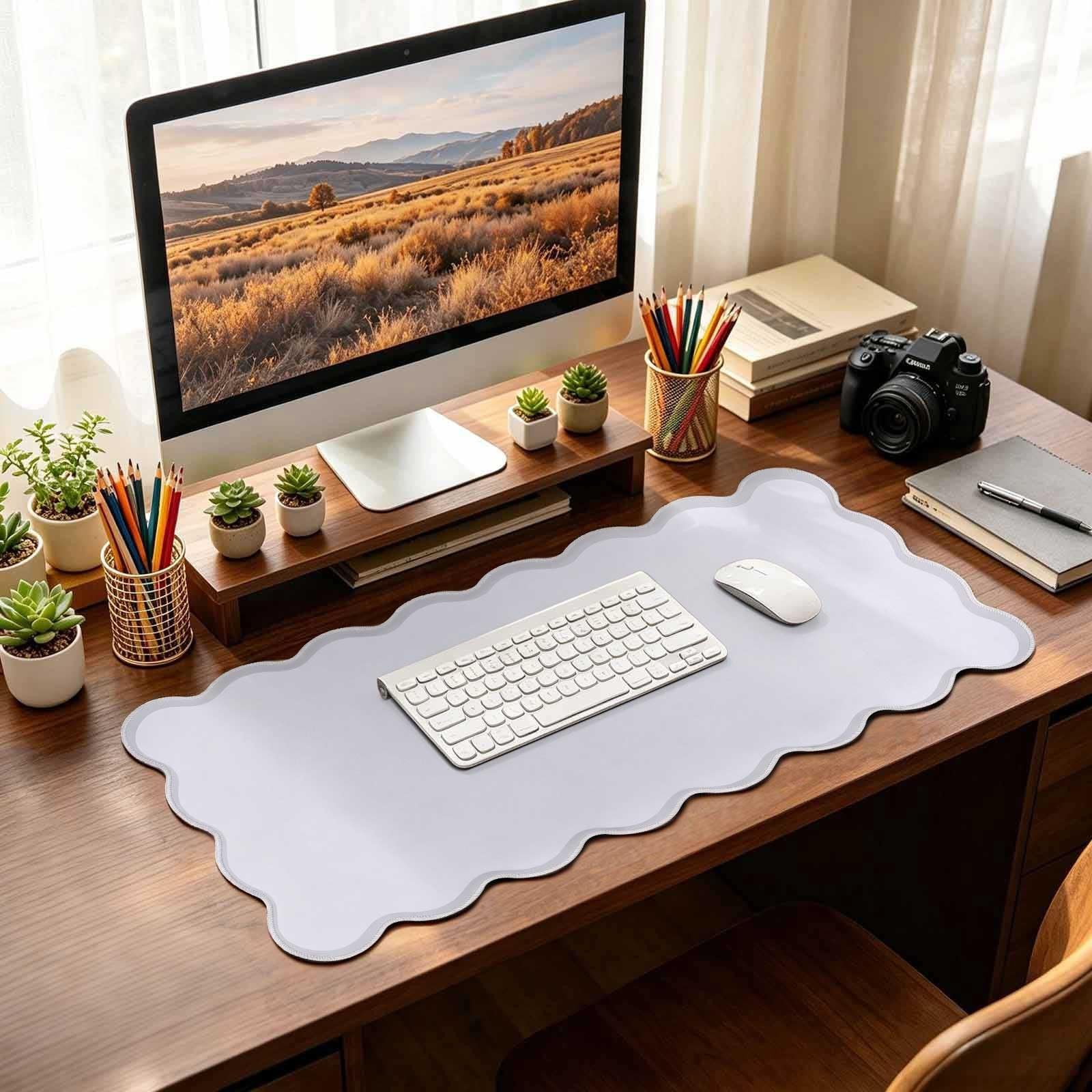 Grey Scalloped Desk Mat 31x15.7 Inch Large Waterproof Pastel Office Gaming