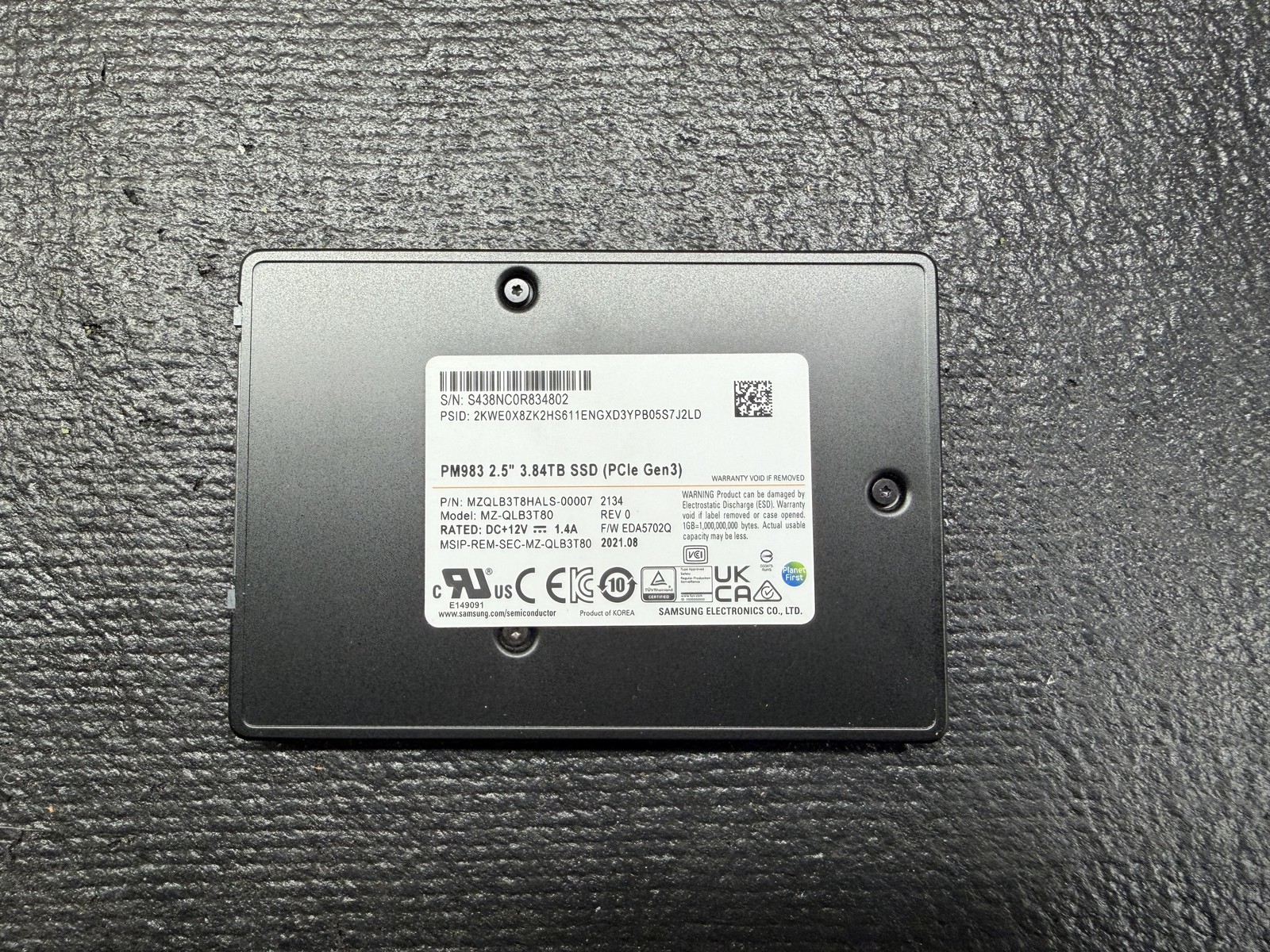 Samsung PM983 3.84TB U.2 NVMe PCIe Gen3 SSD MZ-QLB3T80 MZQLB3T8HALS 100% Health