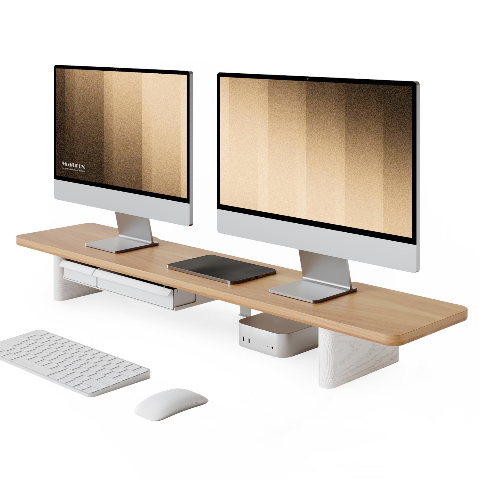 Fenge 42.5" Dual Monitor Stand with Storage Drawer & Solid Wood Legs